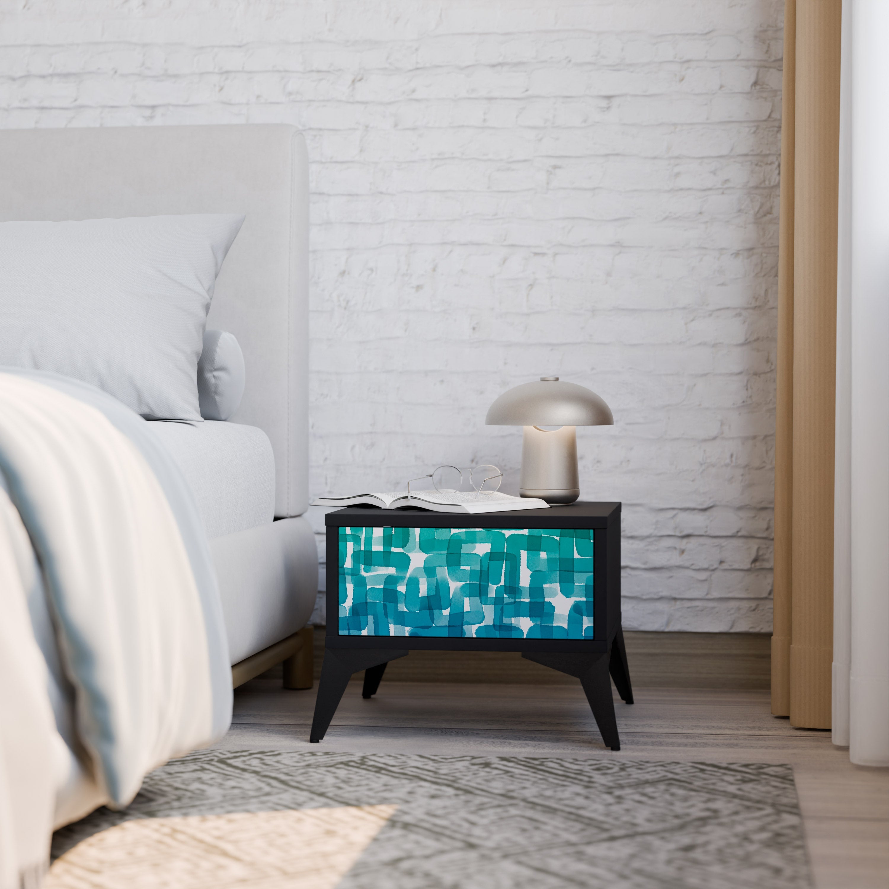 TURQUOISE RECTANGLES Nachttisch in schwarzem Finish