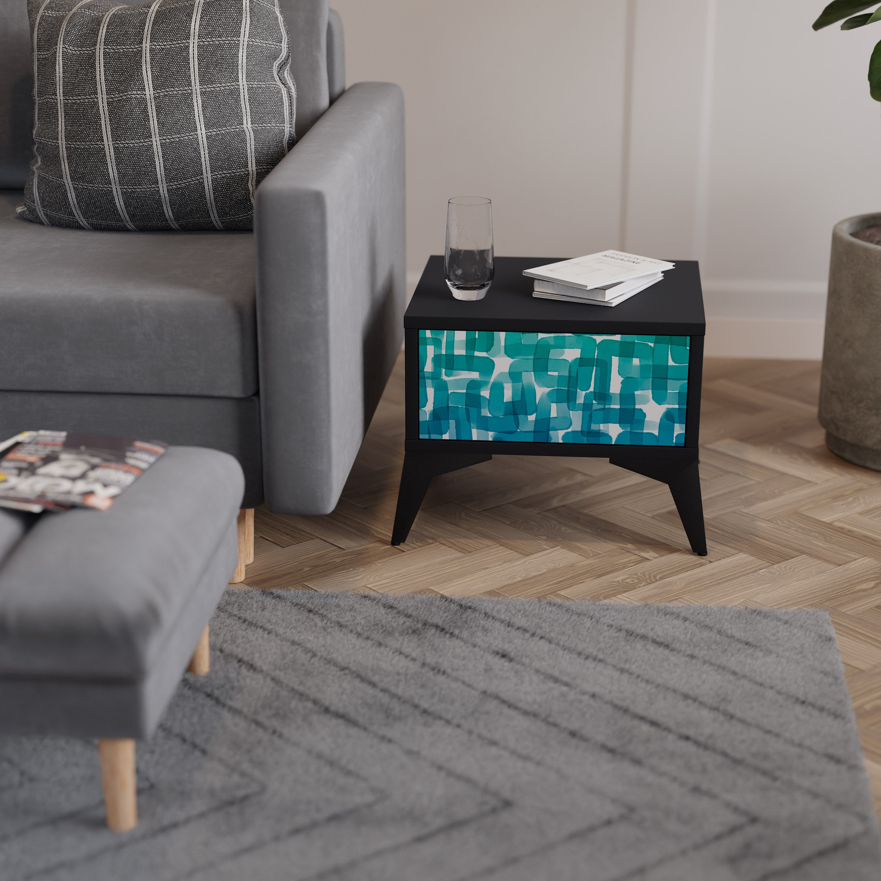 TURQUOISE RECTANGLES Nachttisch in schwarzem Finish