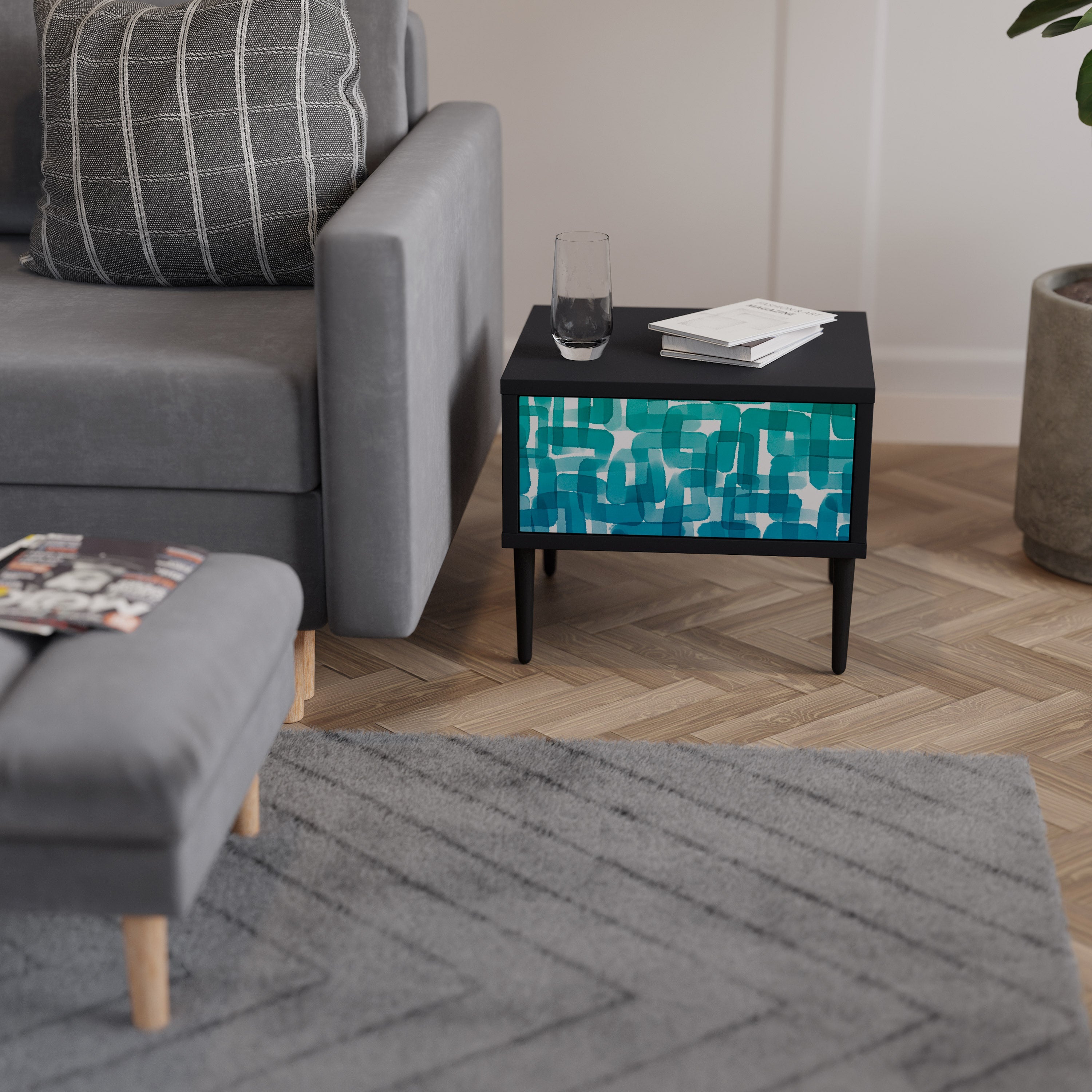 TURQUOISE RECTANGLES Nachttisch in schwarzem Finish