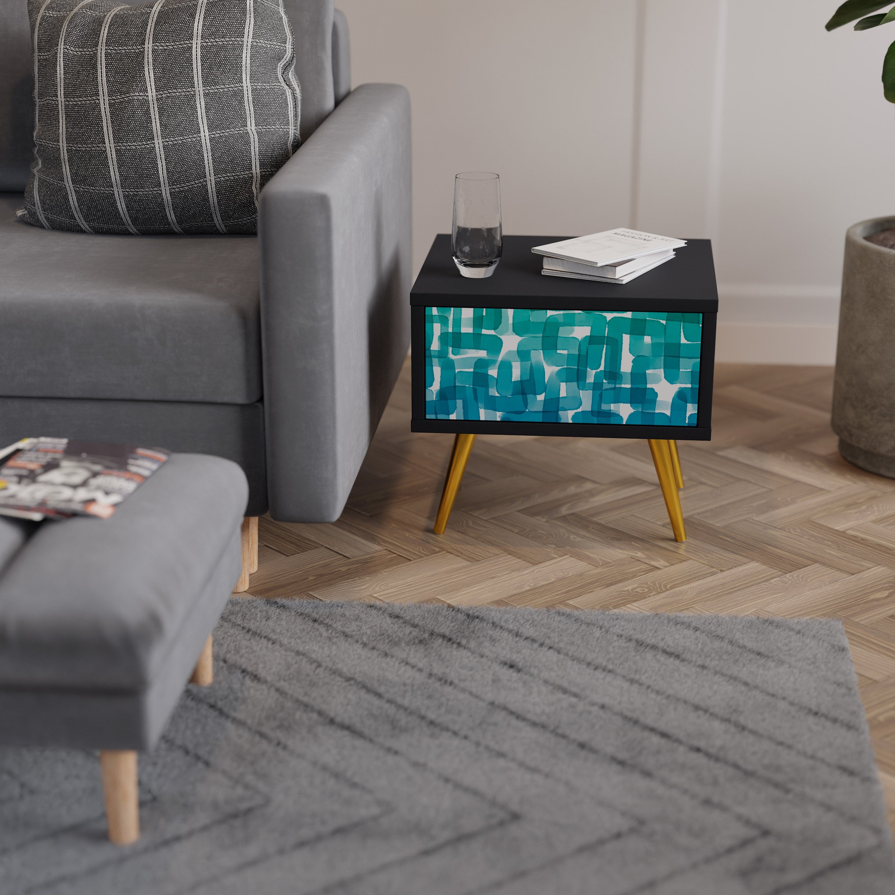 TURQUOISE RECTANGLES Nachttisch in schwarzem Finish