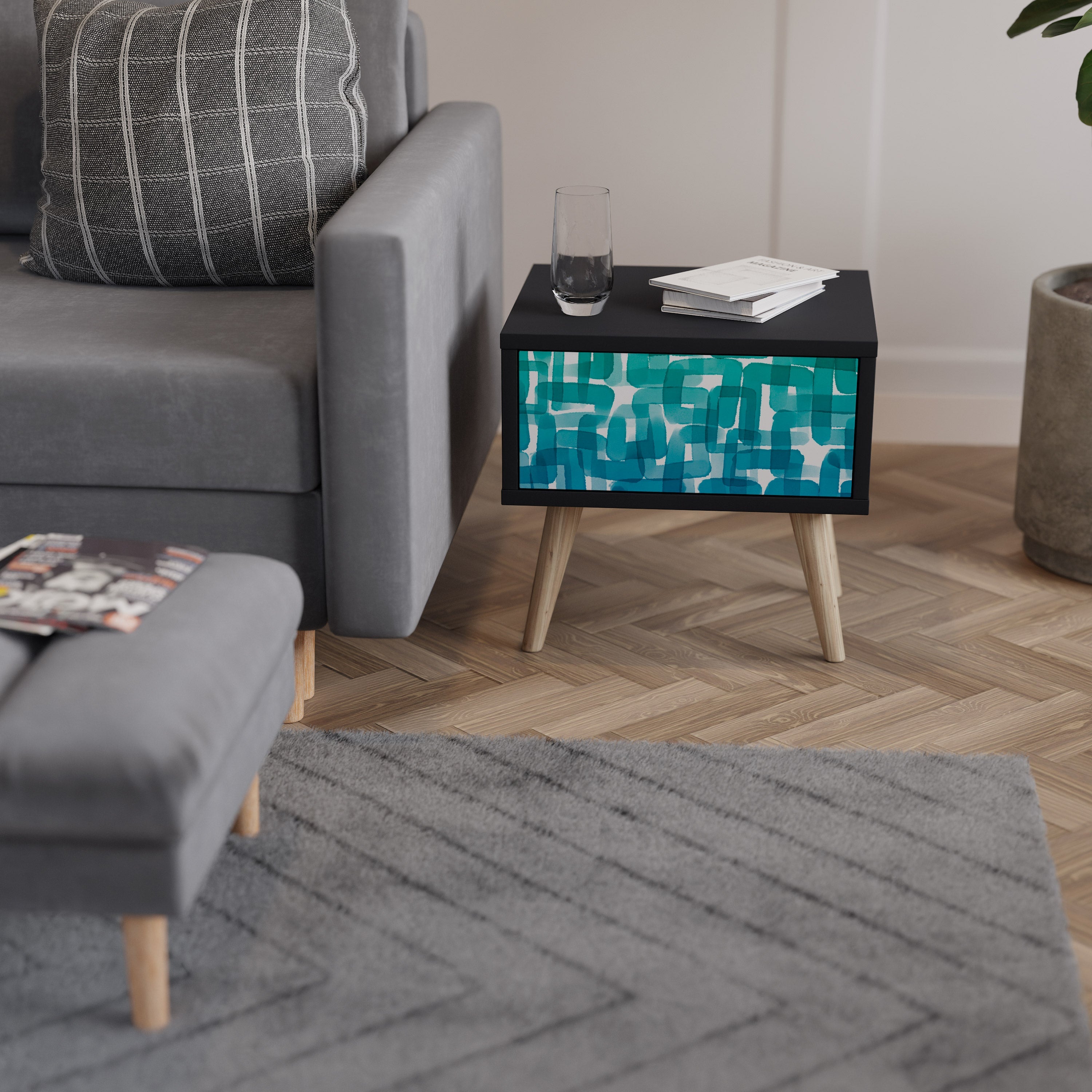 TURQUOISE RECTANGLES Nachttisch in schwarzem Finish