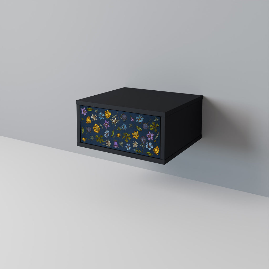 Nachttisch „FLOWERS ON NAVY BLUE“ in schwarzem Finish