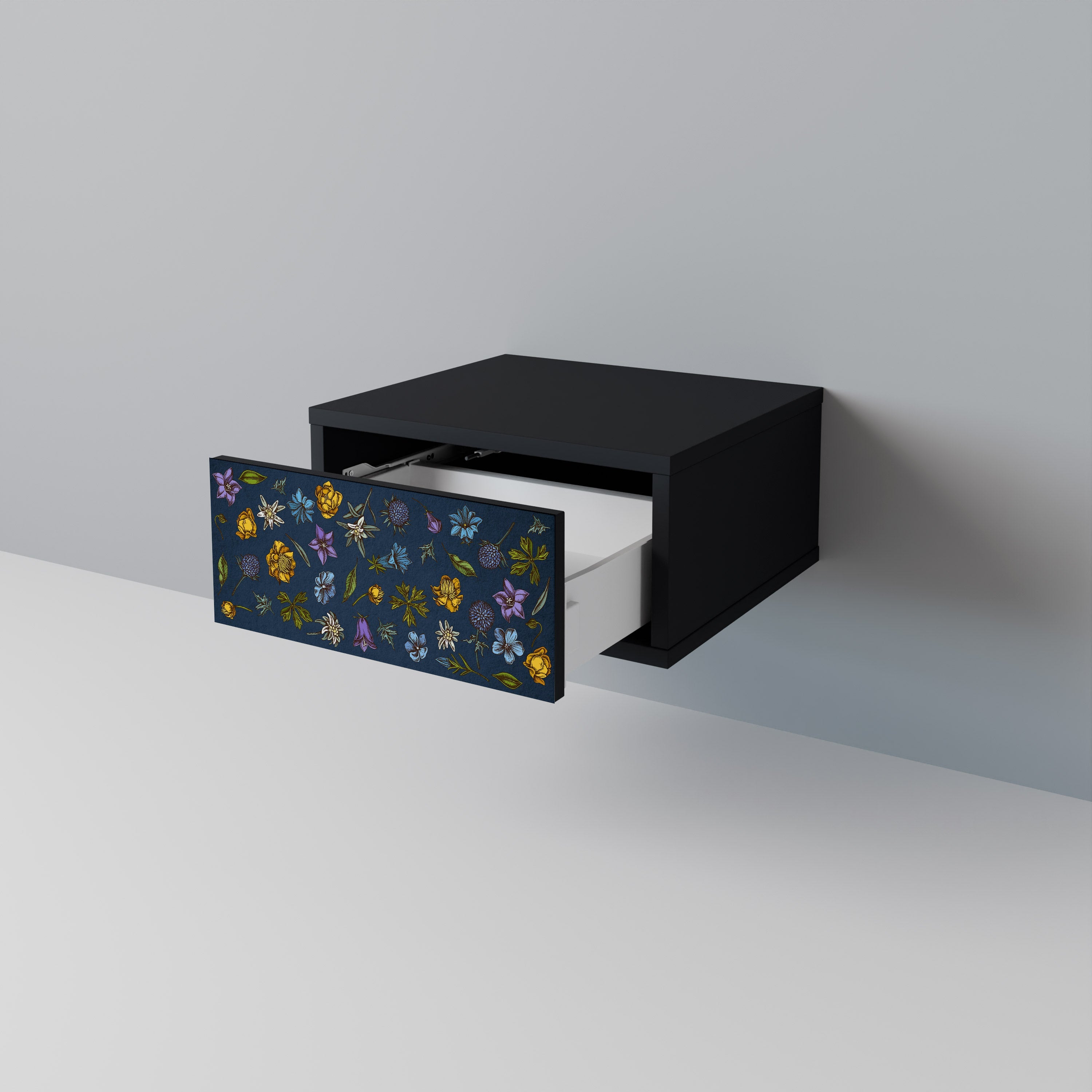 Nachttisch „FLOWERS ON NAVY BLUE“ in schwarzem Finish