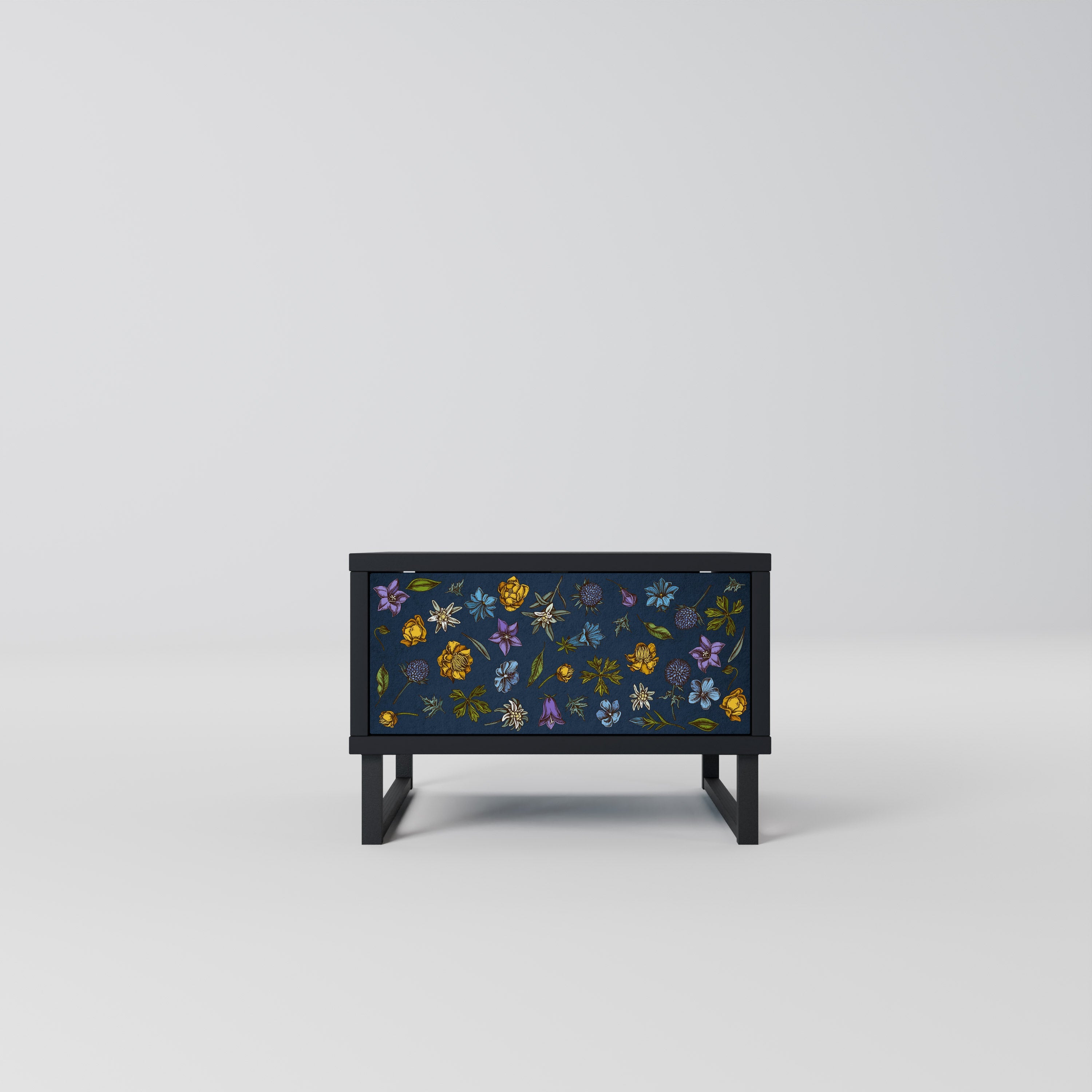 Nachttisch „FLOWERS ON NAVY BLUE“ in schwarzem Finish