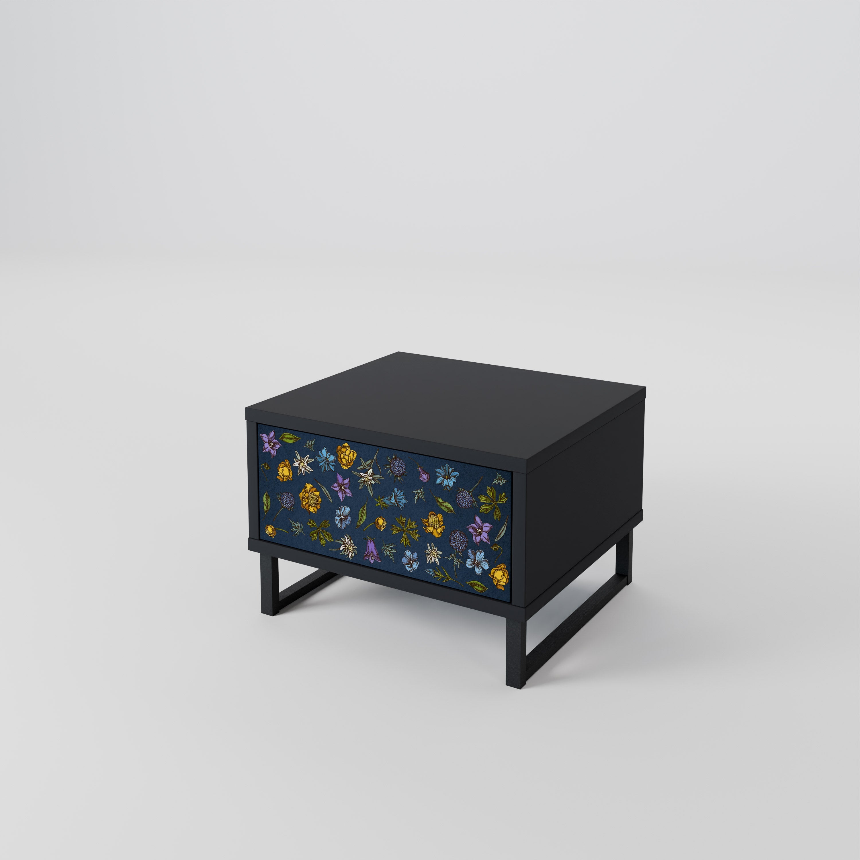 Nachttisch „FLOWERS ON NAVY BLUE“ in schwarzem Finish