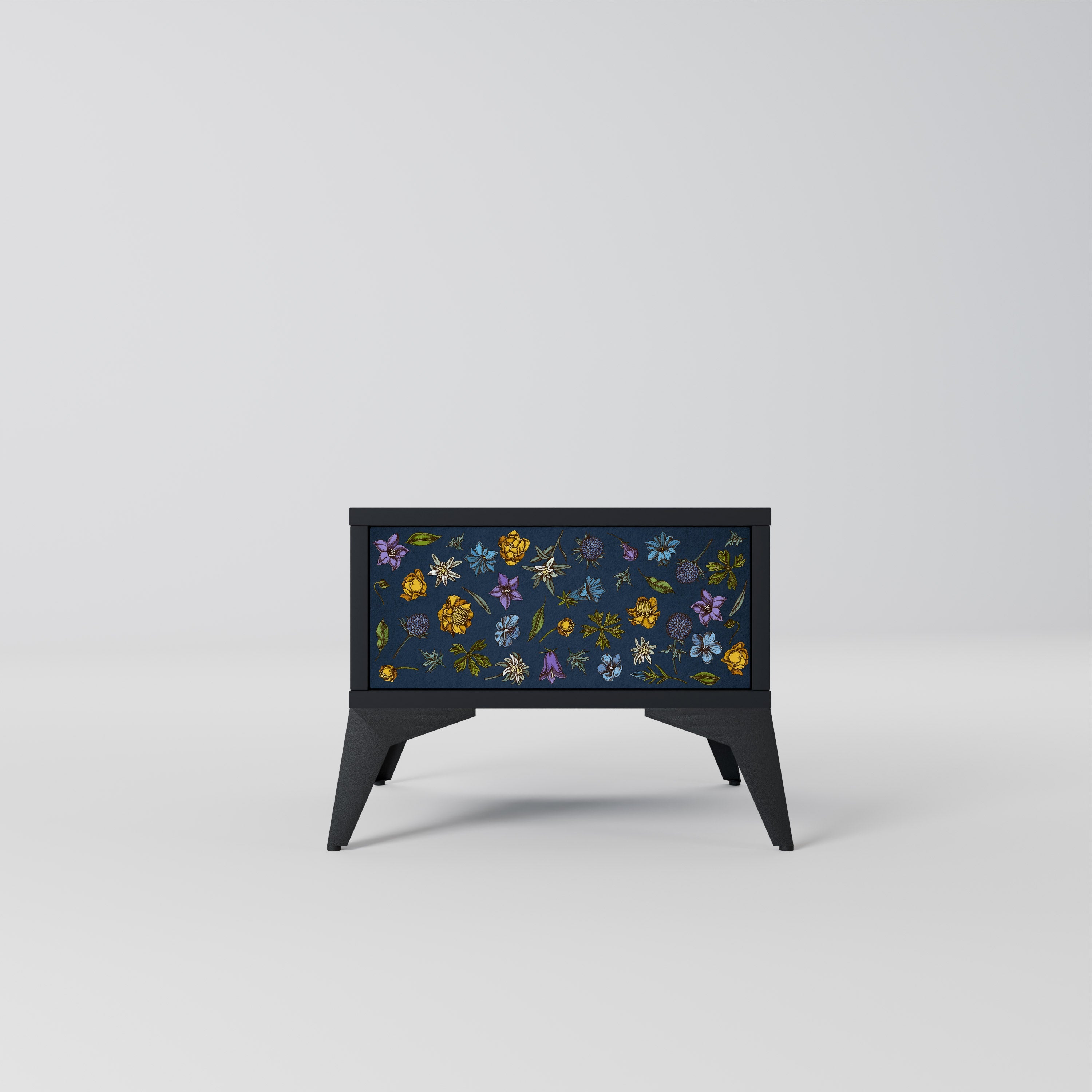 Nachttisch „FLOWERS ON NAVY BLUE“ in schwarzem Finish