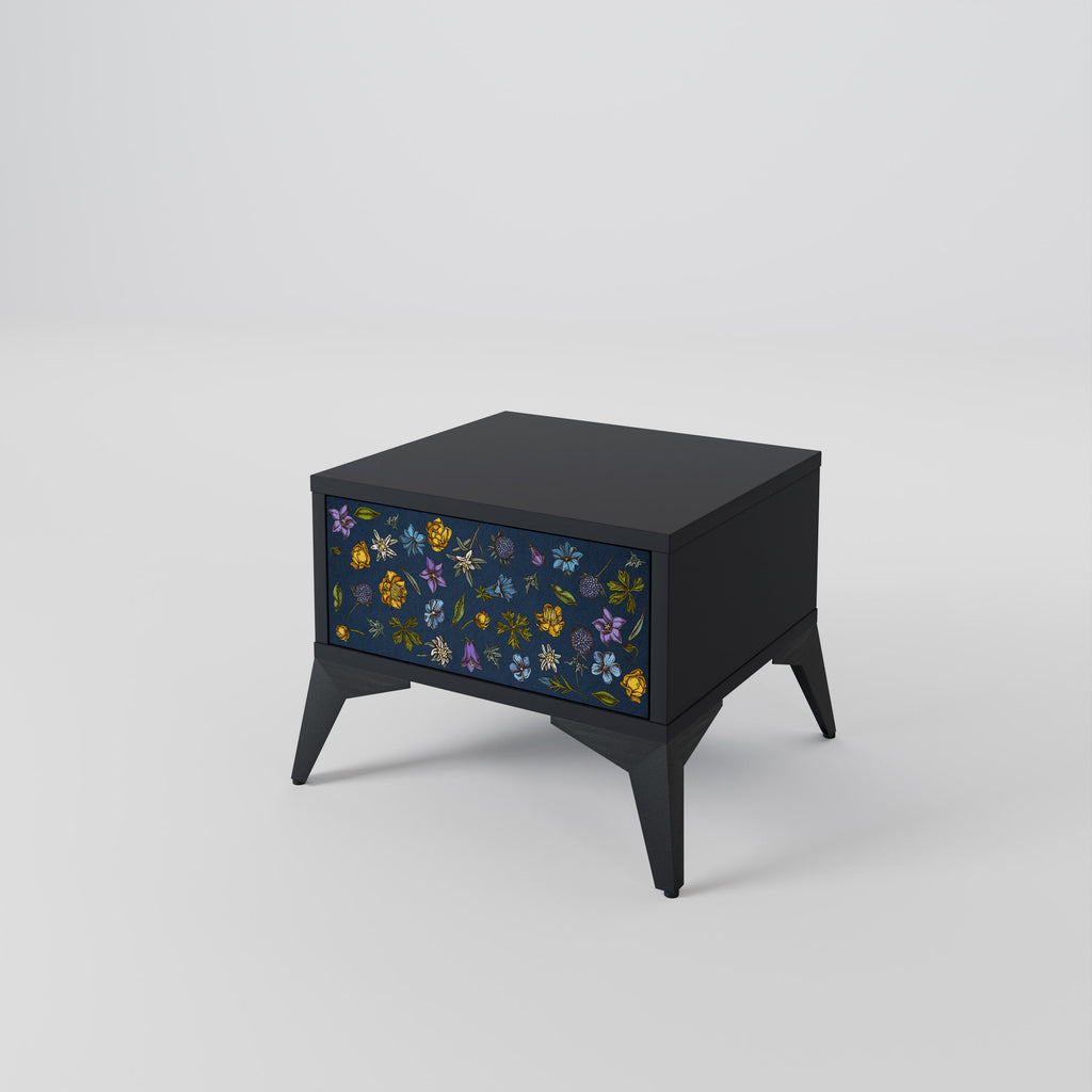 Nachttisch „FLOWERS ON NAVY BLUE“ in schwarzem Finish