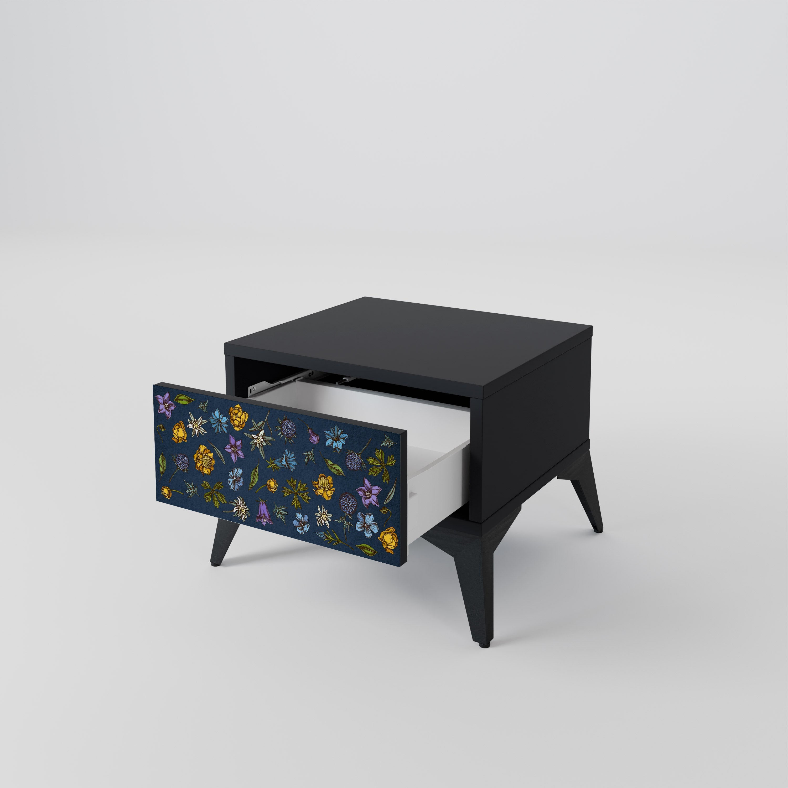 Nachttisch „FLOWERS ON NAVY BLUE“ in schwarzem Finish