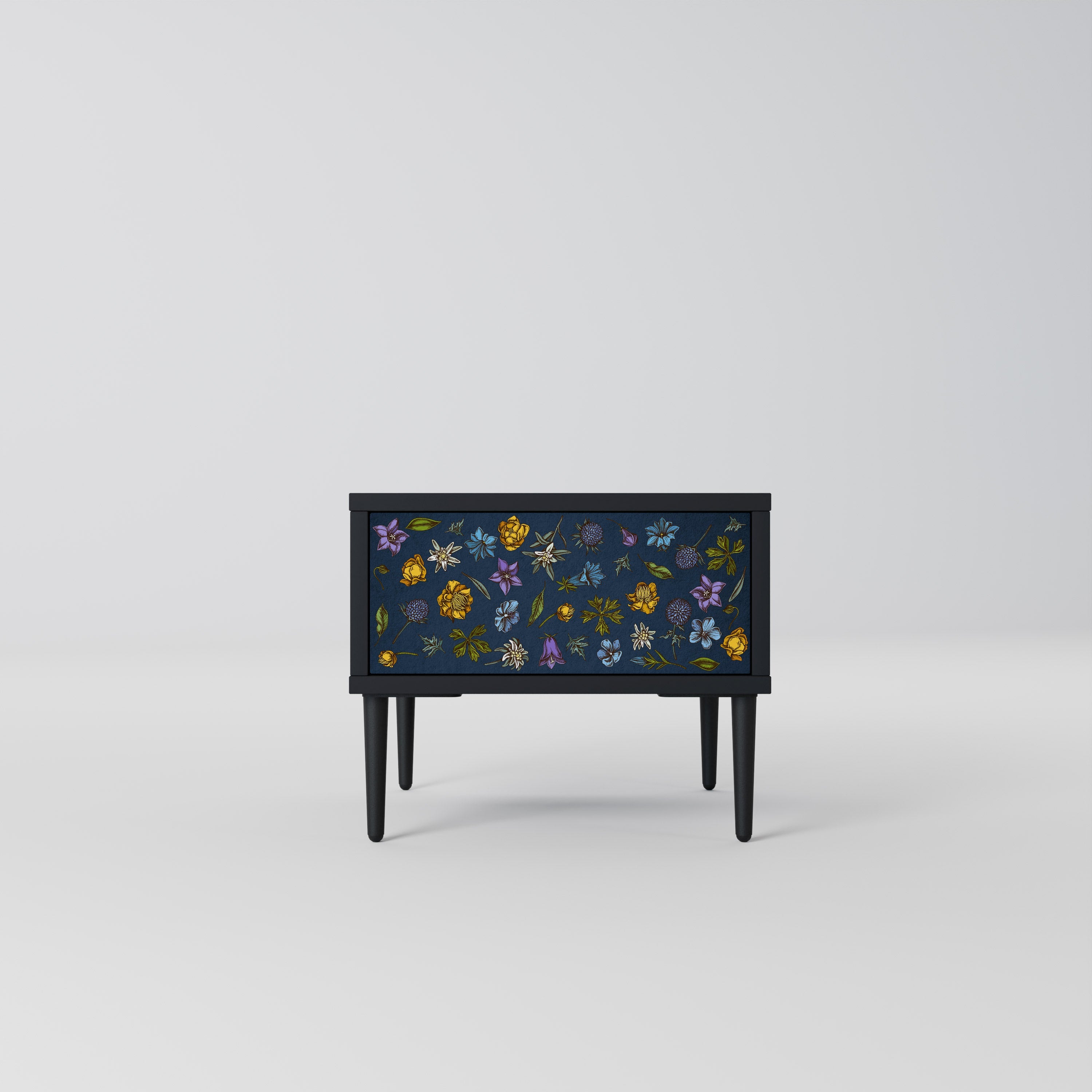 Nachttisch „FLOWERS ON NAVY BLUE“ in schwarzem Finish