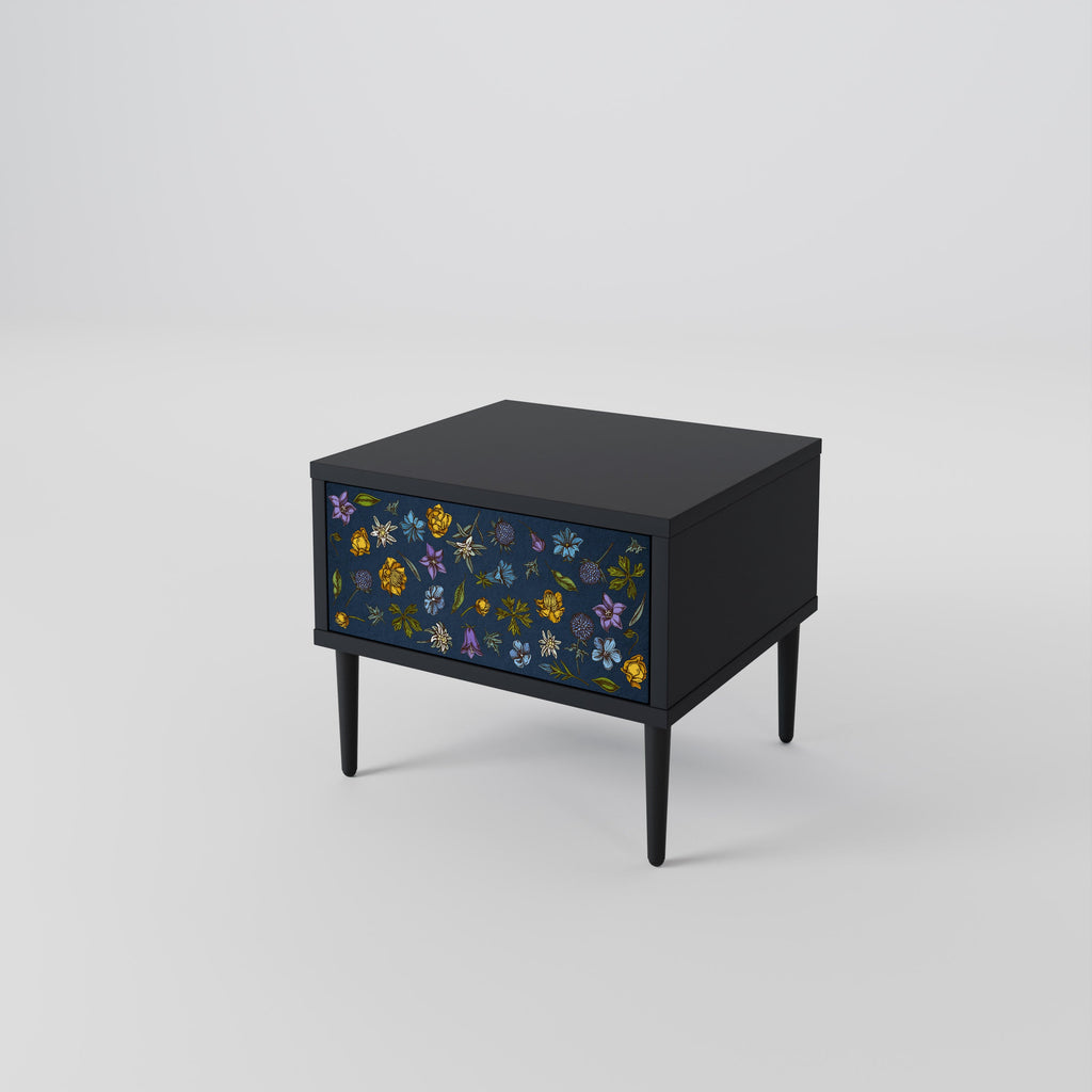 Nachttisch „FLOWERS ON NAVY BLUE“ in schwarzem Finish