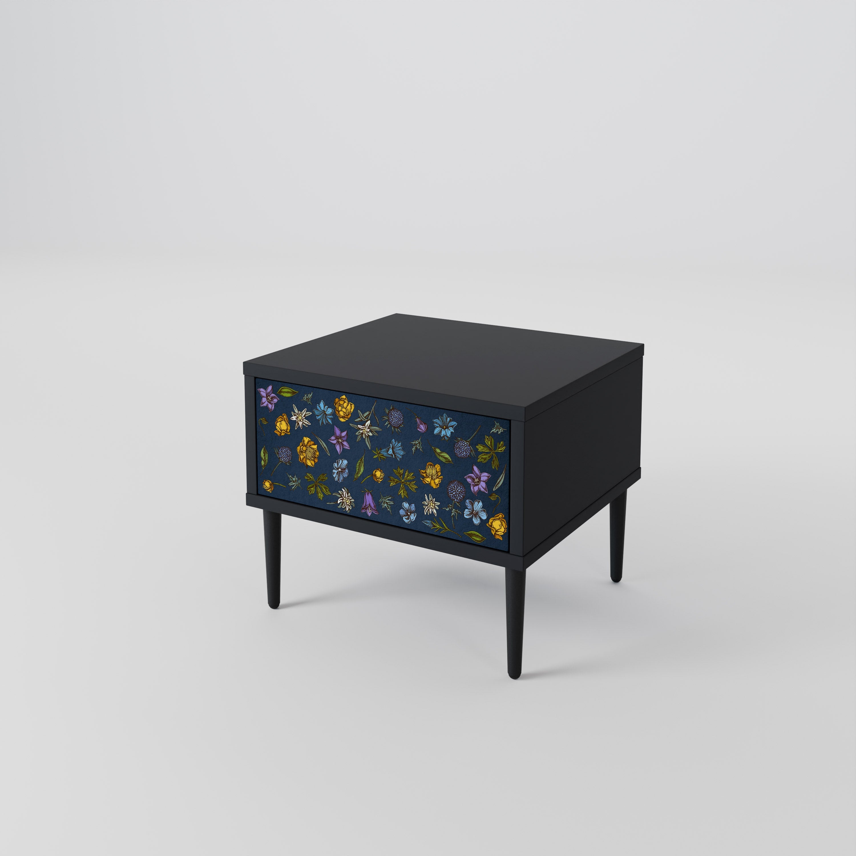 Nachttisch „FLOWERS ON NAVY BLUE“ in schwarzem Finish