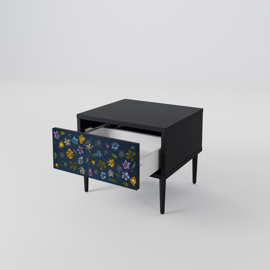 Nachttisch „FLOWERS ON NAVY BLUE“ in schwarzem Finish