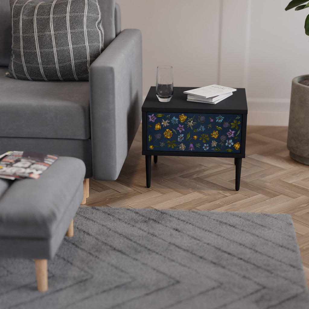 Nachttisch „FLOWERS ON NAVY BLUE“ in schwarzem Finish