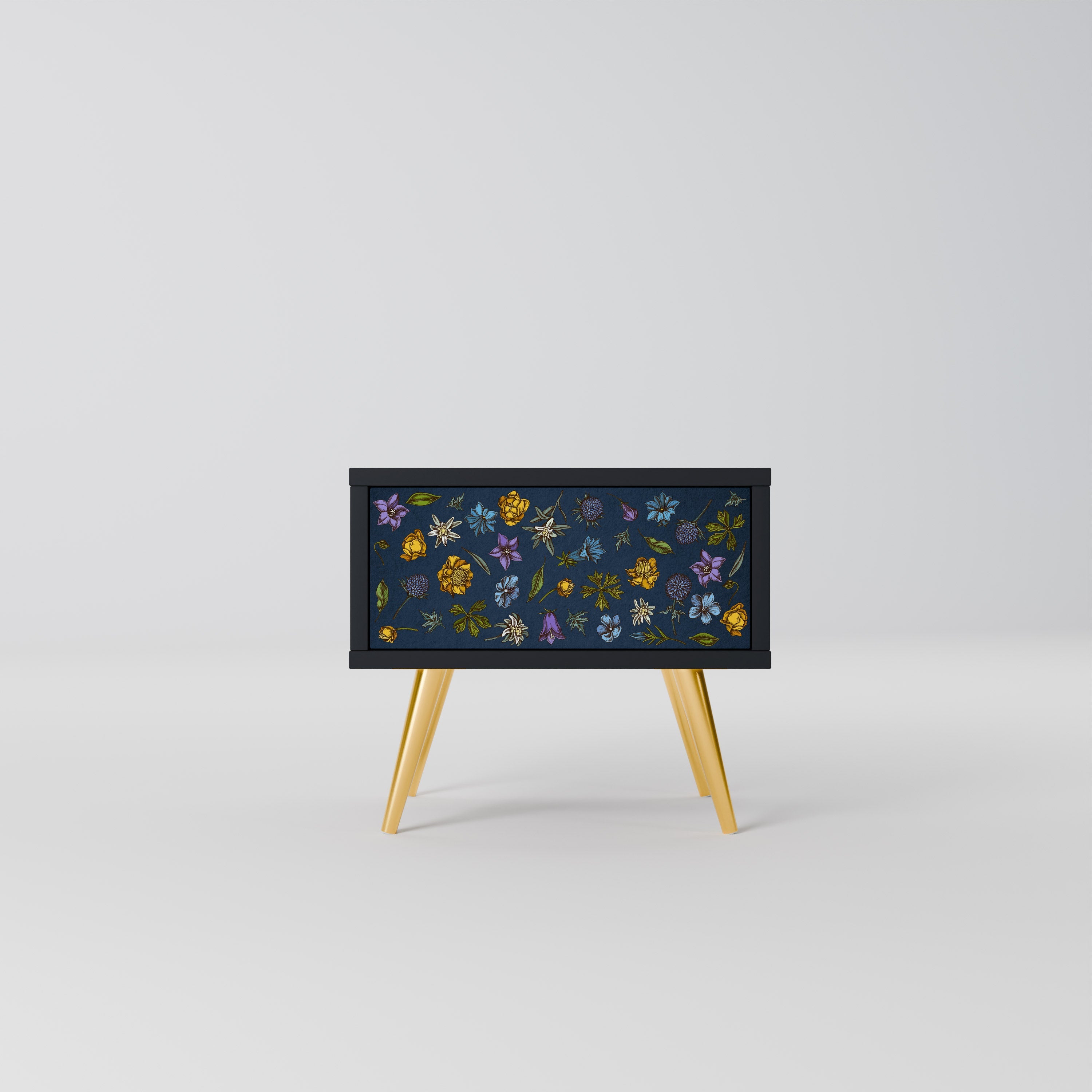 Nachttisch „FLOWERS ON NAVY BLUE“ in schwarzem Finish