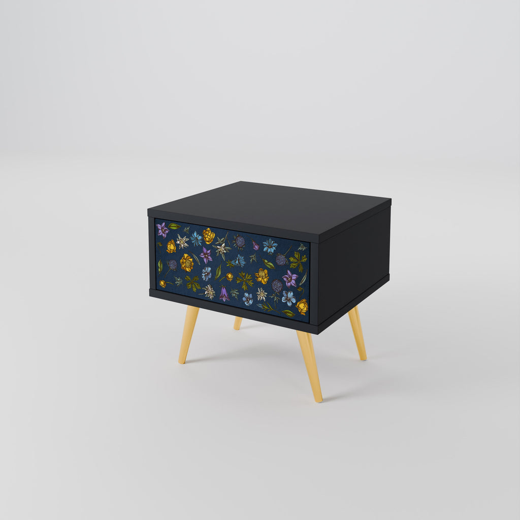 Nachttisch „FLOWERS ON NAVY BLUE“ in schwarzem Finish
