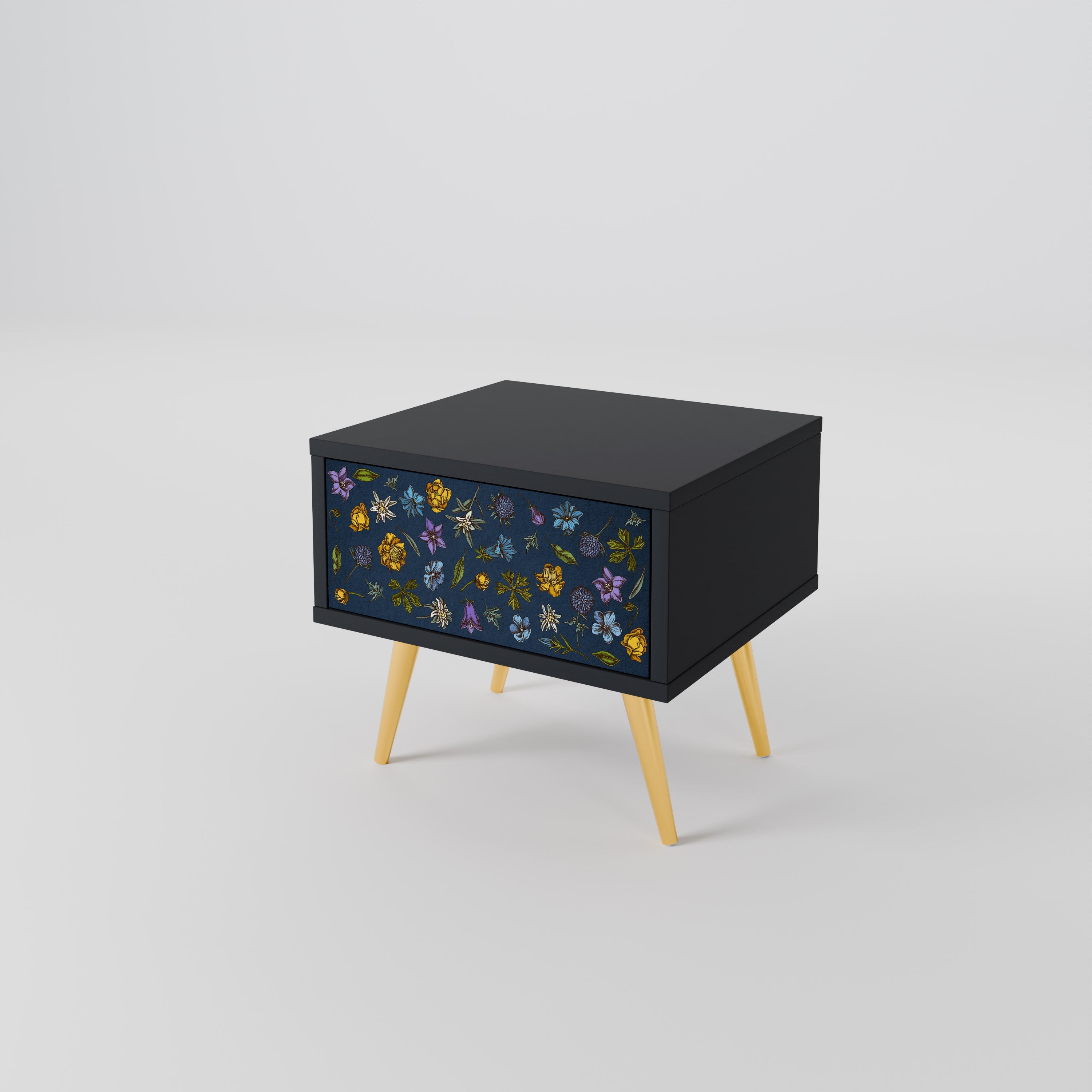 Nachttisch „FLOWERS ON NAVY BLUE“ in schwarzem Finish