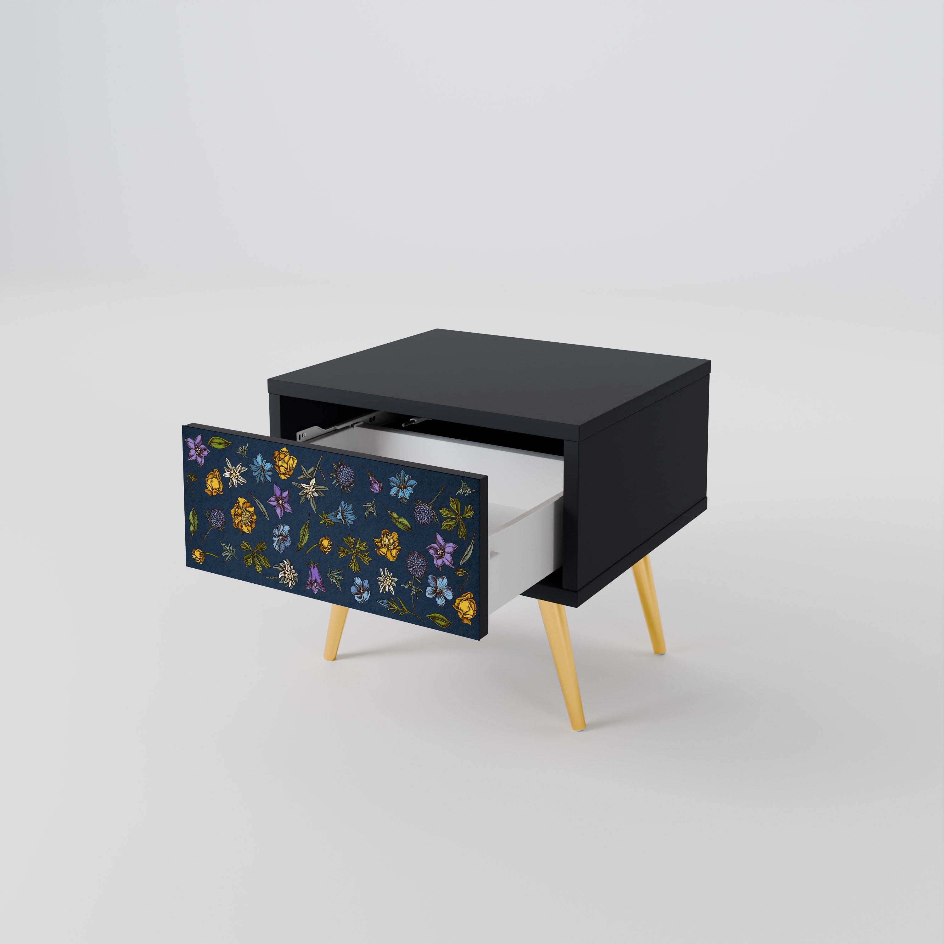 Nachttisch „FLOWERS ON NAVY BLUE“ in schwarzem Finish