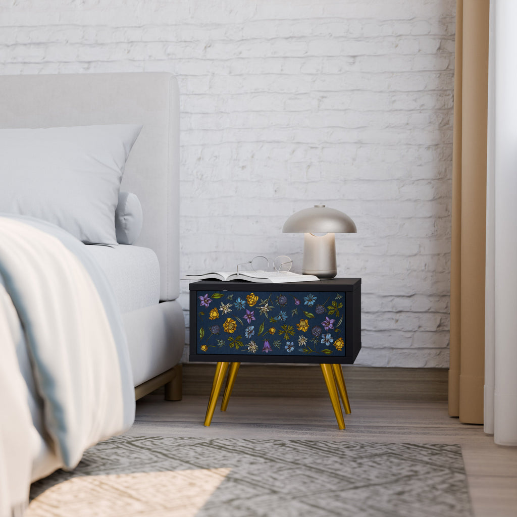 Nachttisch „FLOWERS ON NAVY BLUE“ in schwarzem Finish