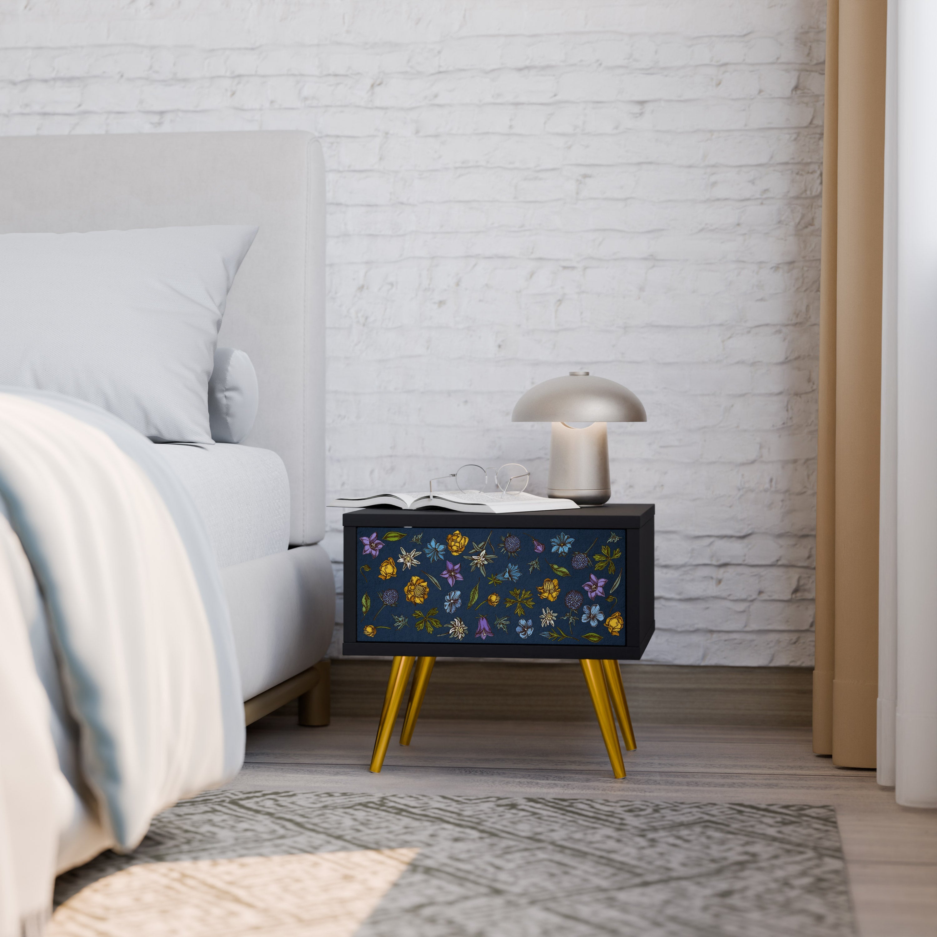 Nachttisch „FLOWERS ON NAVY BLUE“ in schwarzem Finish
