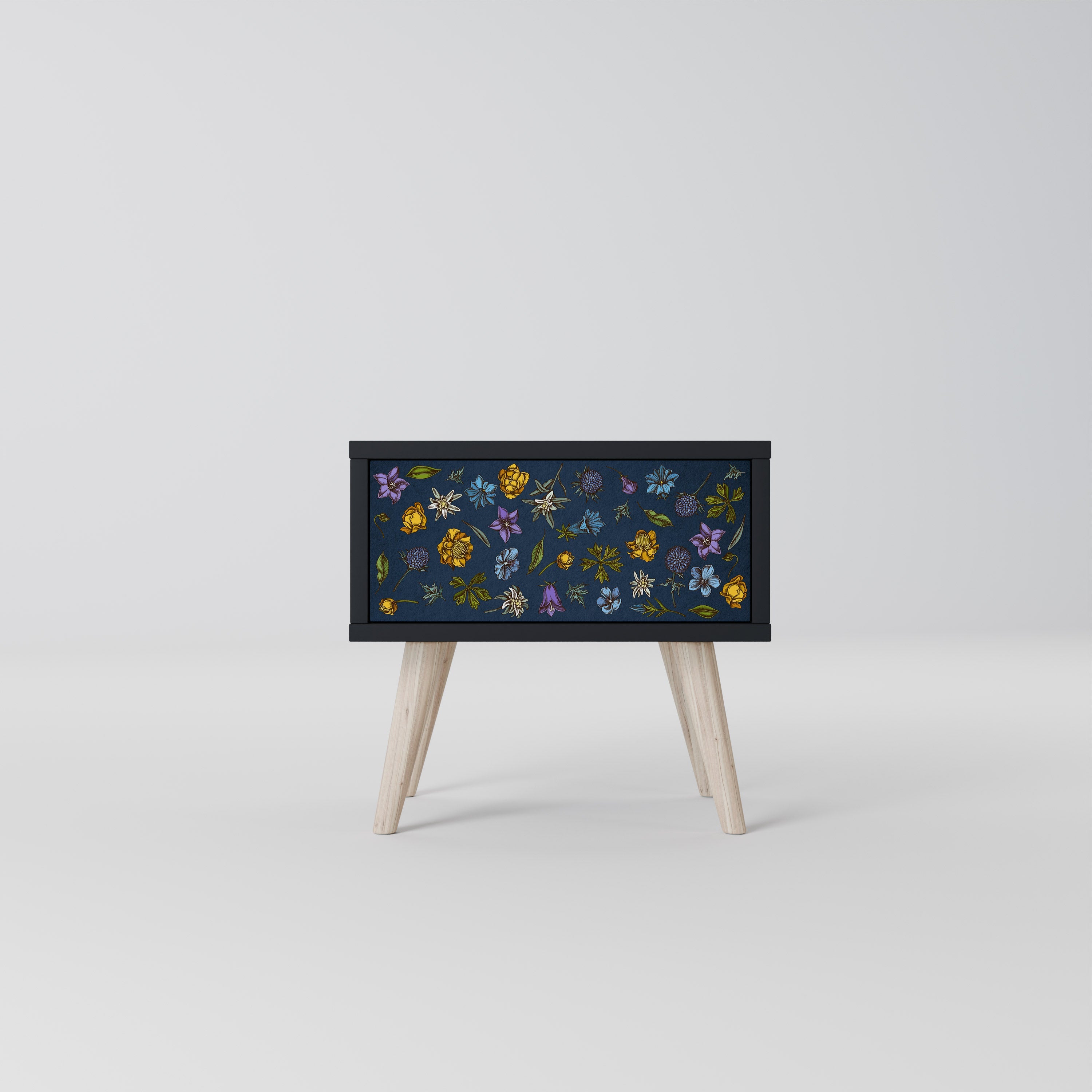 Nachttisch „FLOWERS ON NAVY BLUE“ in schwarzem Finish