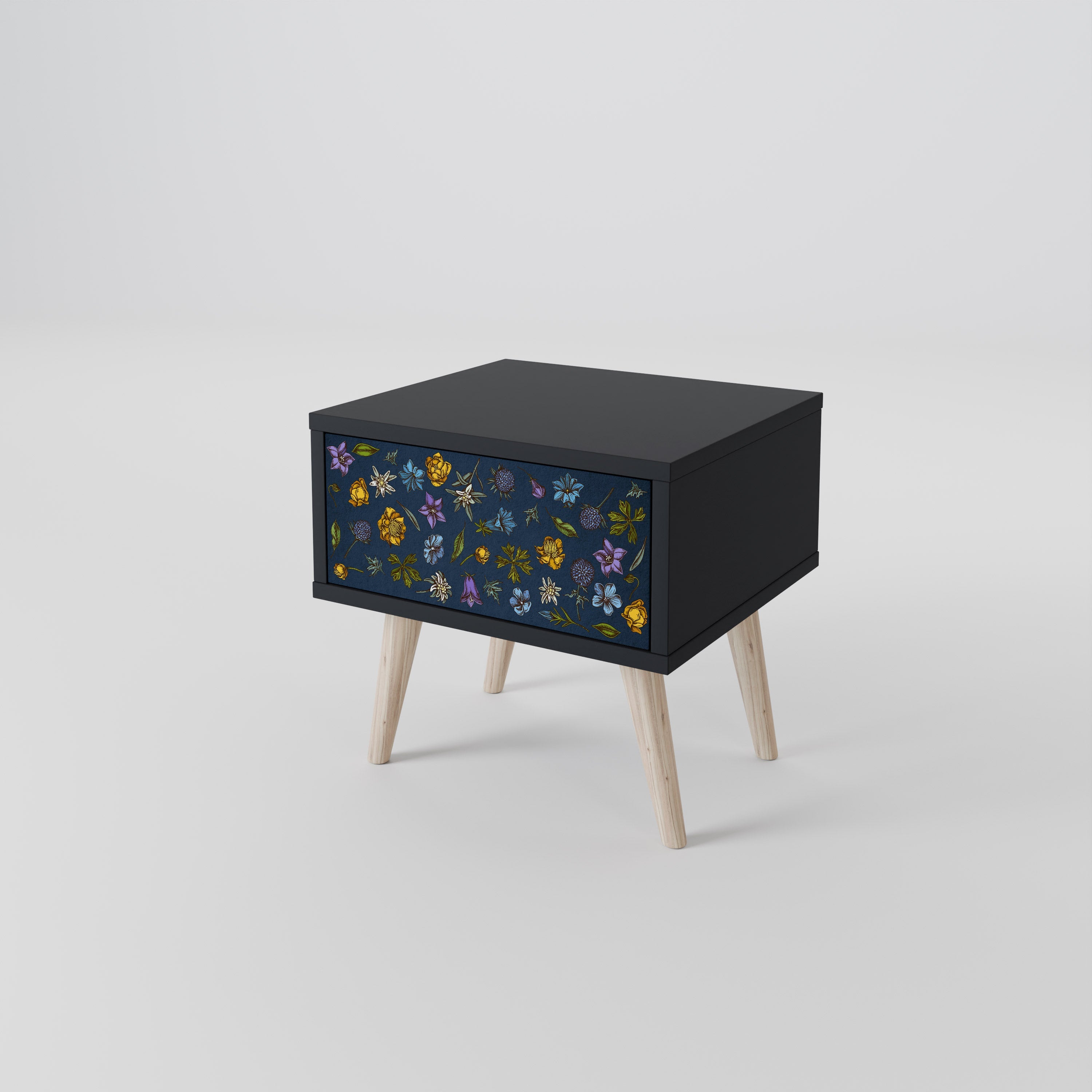 Nachttisch „FLOWERS ON NAVY BLUE“ in schwarzem Finish