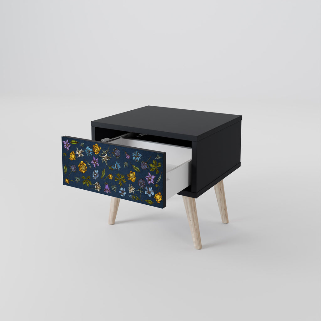Nachttisch „FLOWERS ON NAVY BLUE“ in schwarzem Finish