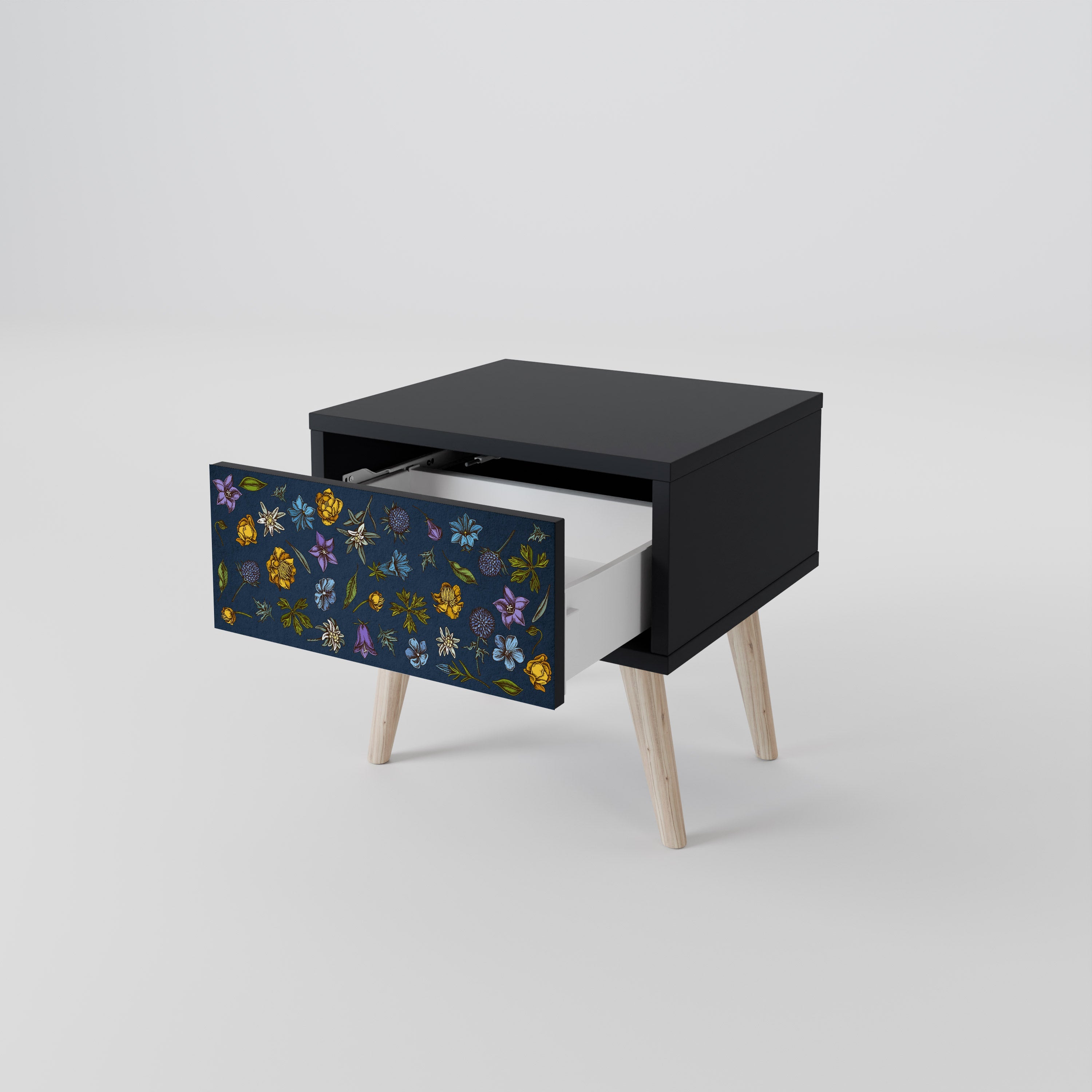 Nachttisch „FLOWERS ON NAVY BLUE“ in schwarzem Finish