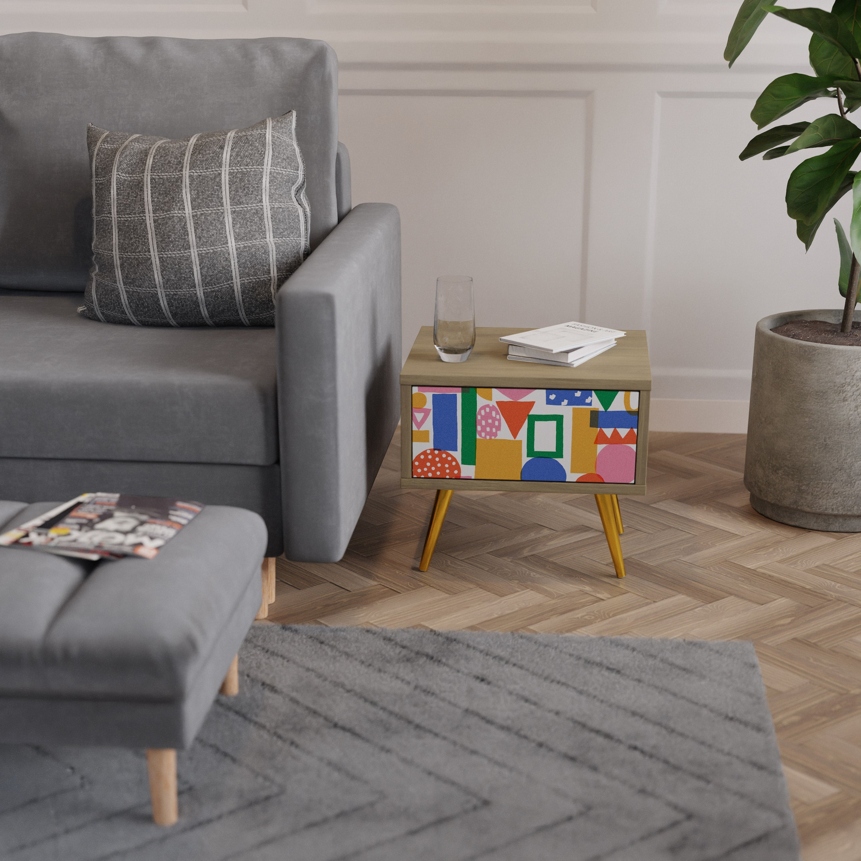 GEOMETRIC GLIMMER Nachttisch in Eichenoptik