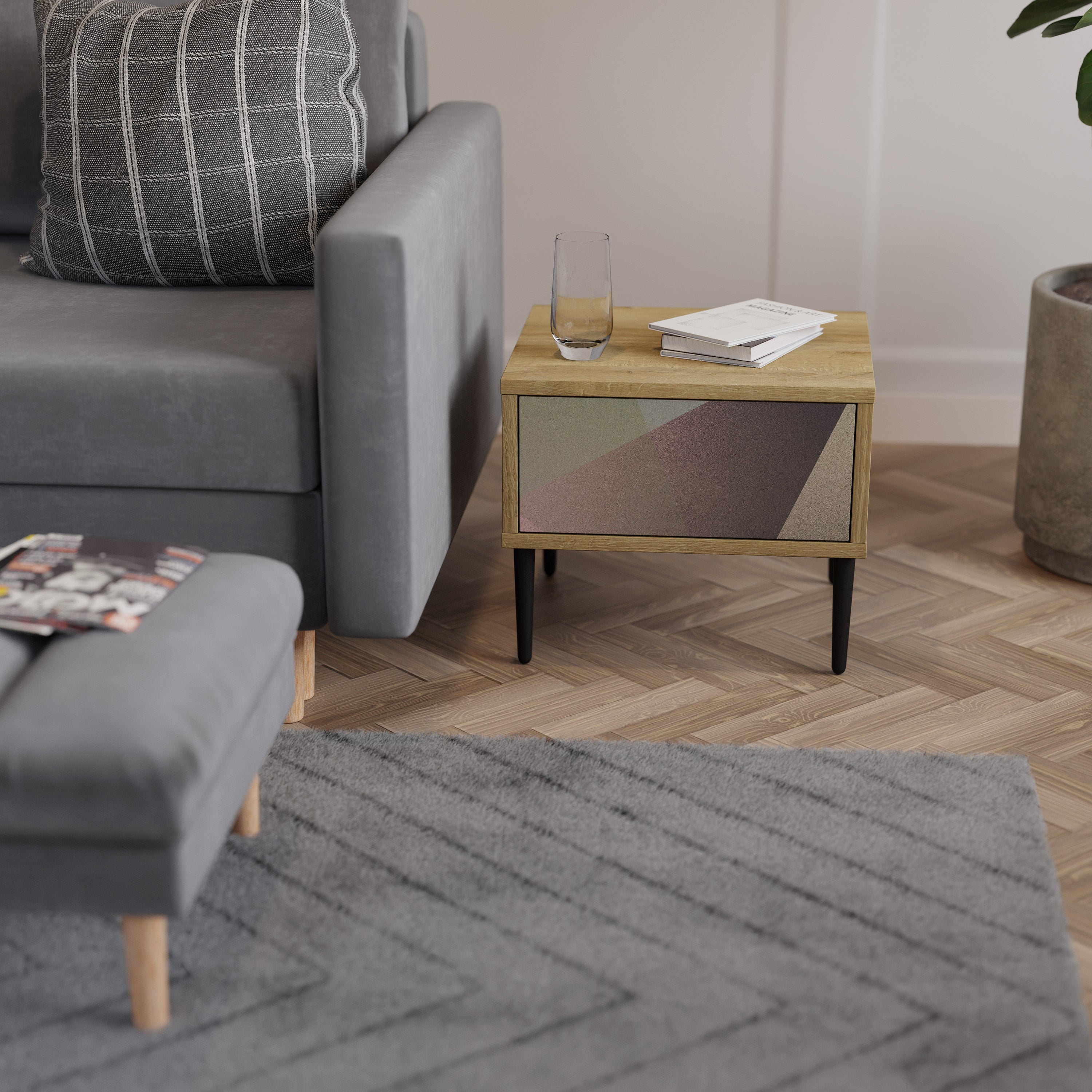 BEIGE GEOMETRY Nachttisch in Eichenoptik