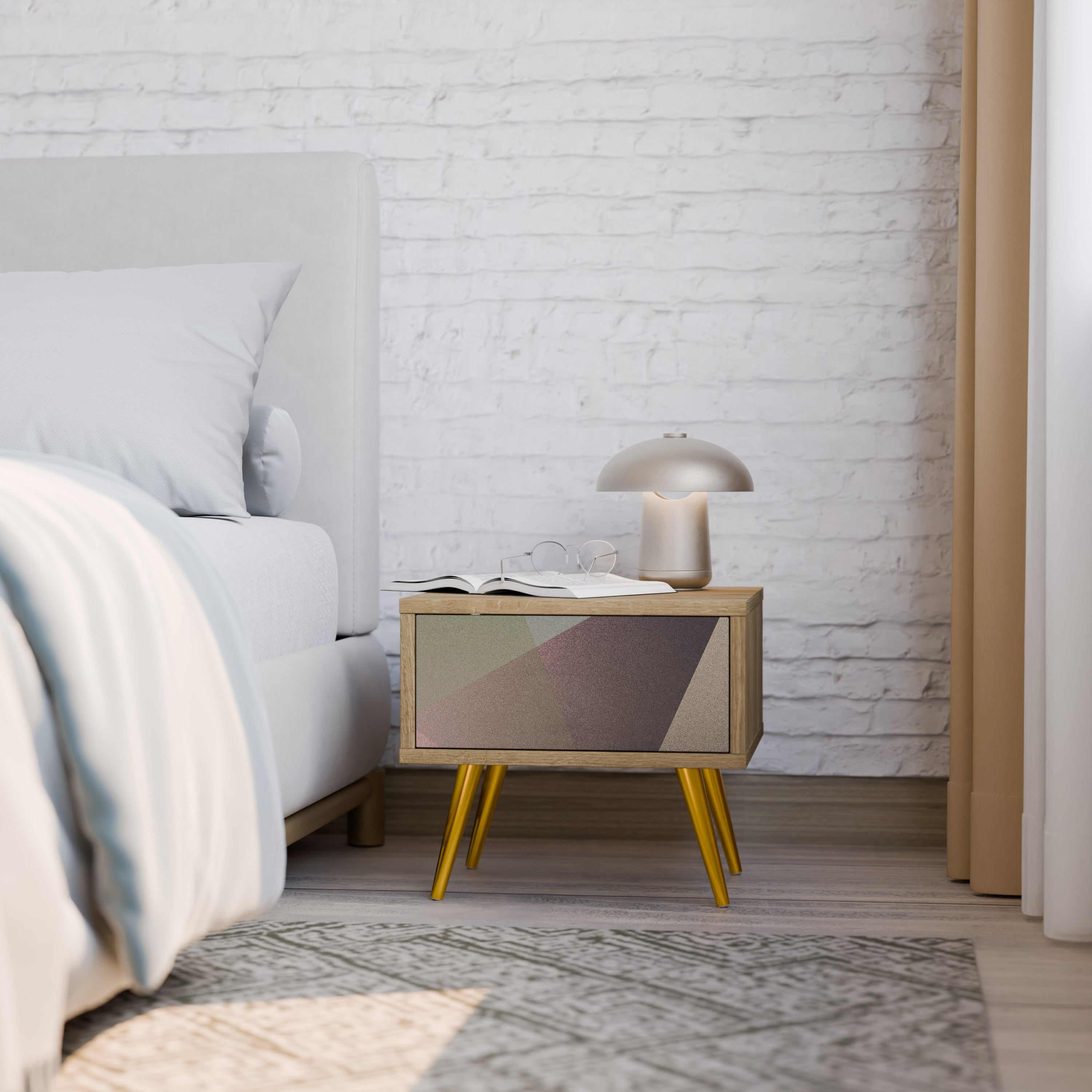 BEIGE GEOMETRY Nachttisch in Eichenoptik