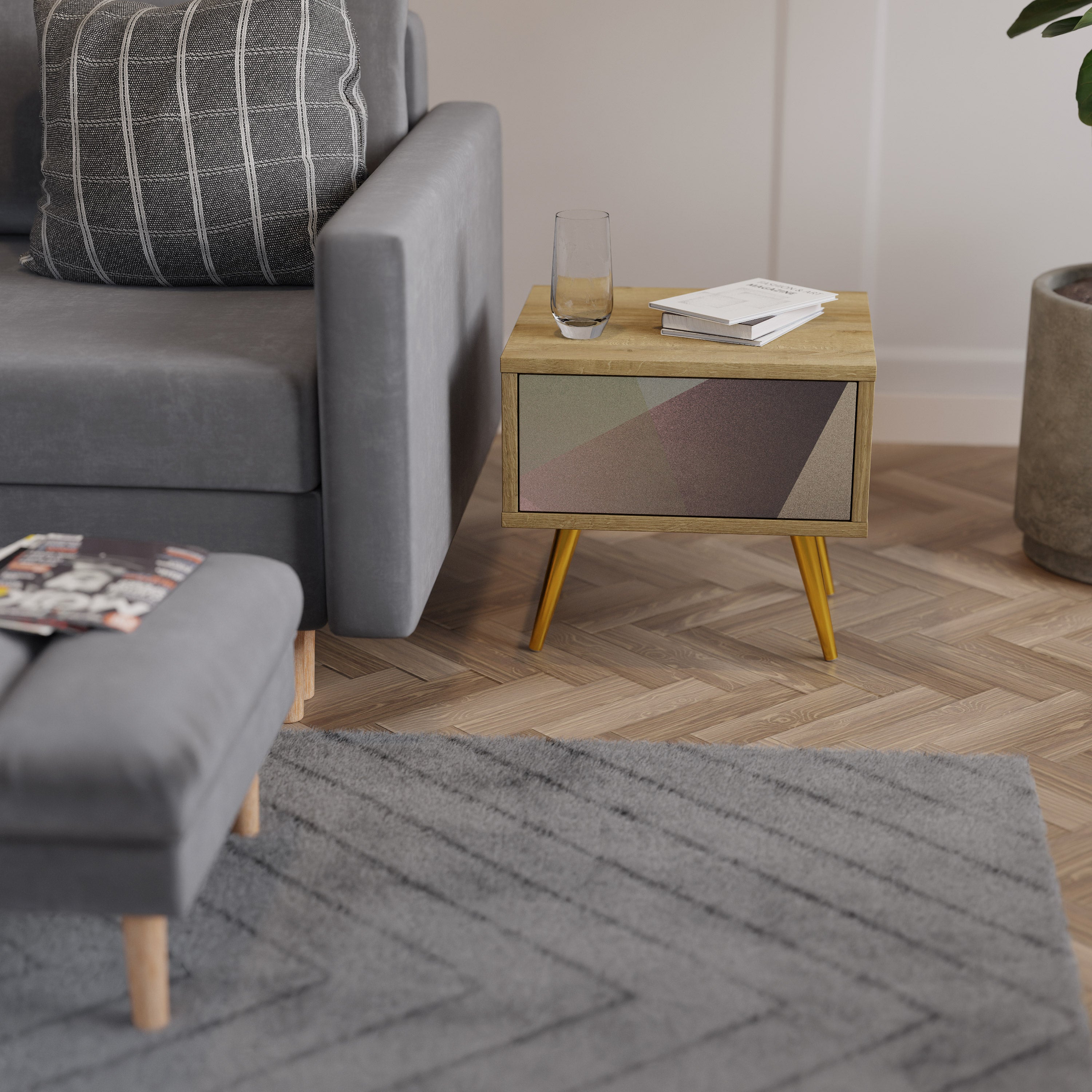 BEIGE GEOMETRY Nachttisch in Eichenoptik