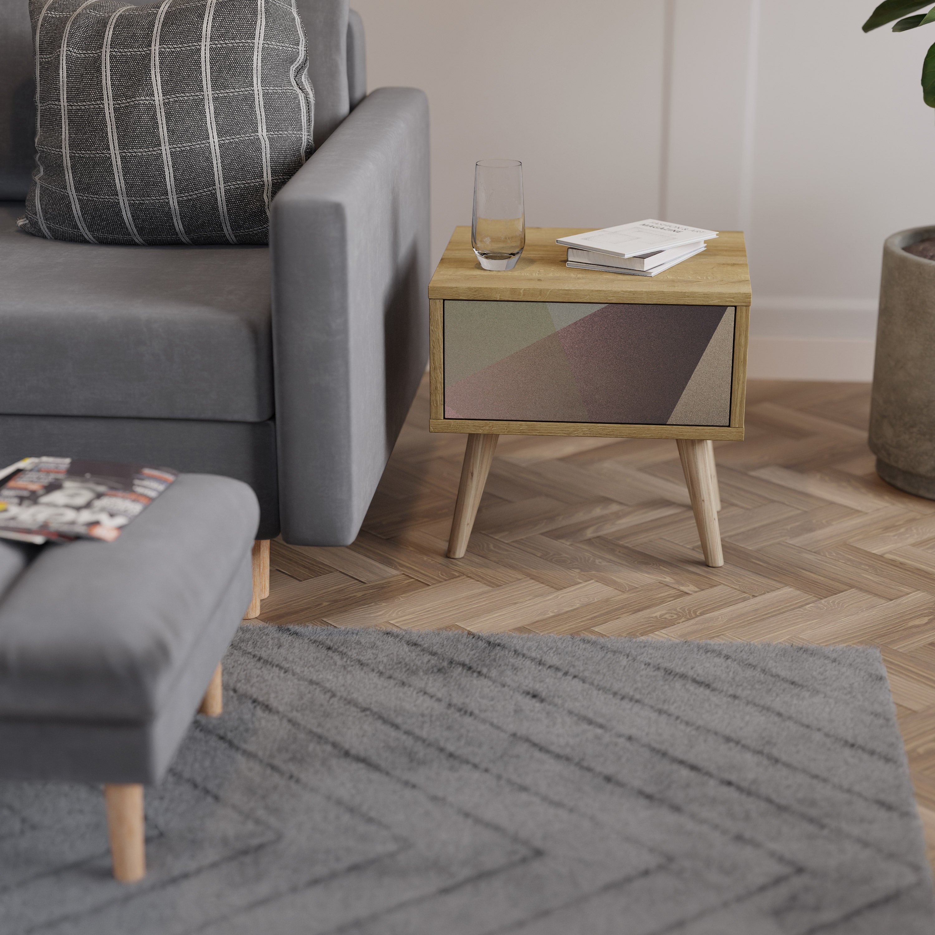 BEIGE GEOMETRY Nachttisch in Eichenoptik