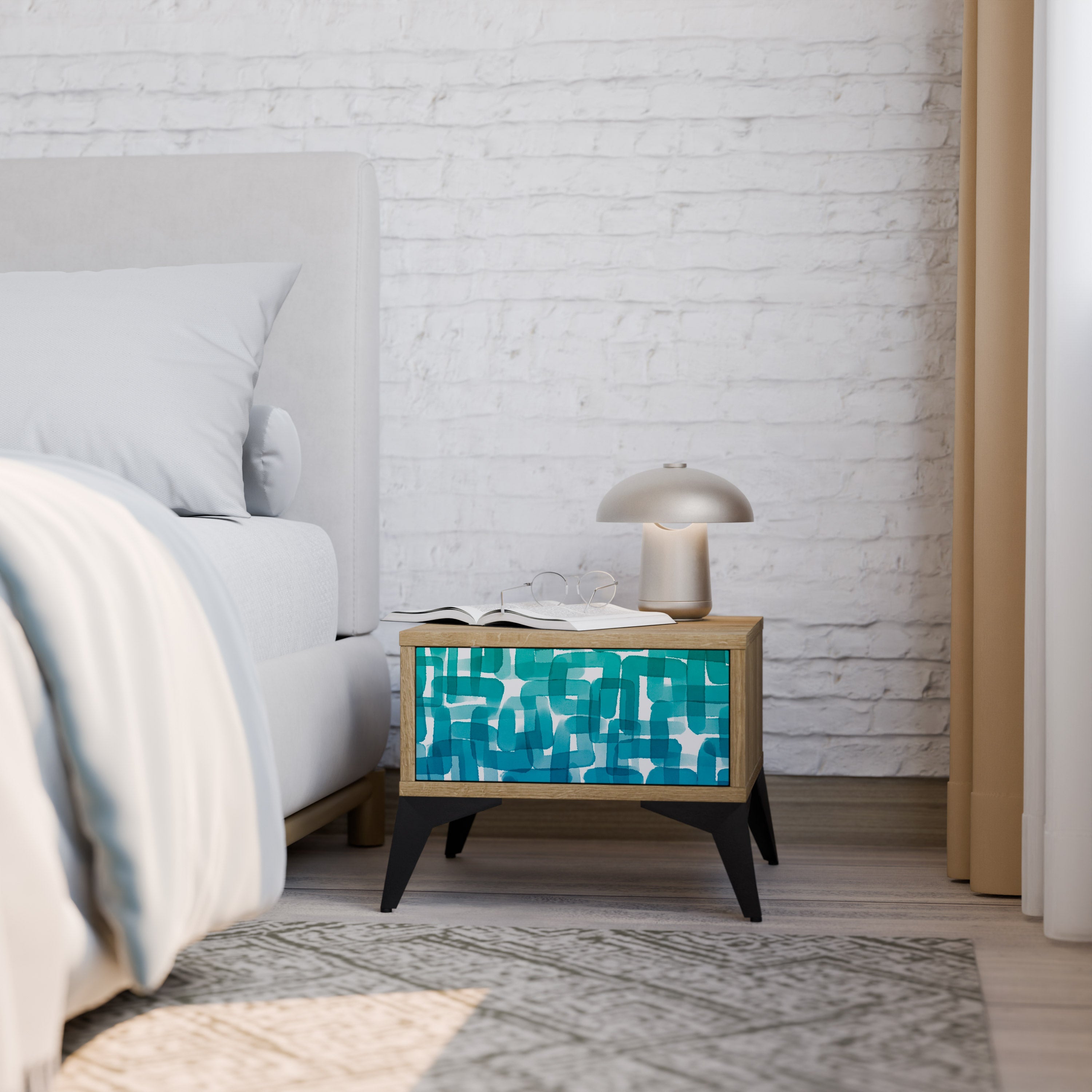 TURQUOISE RECTANGLES Nachttisch in Eichenoptik