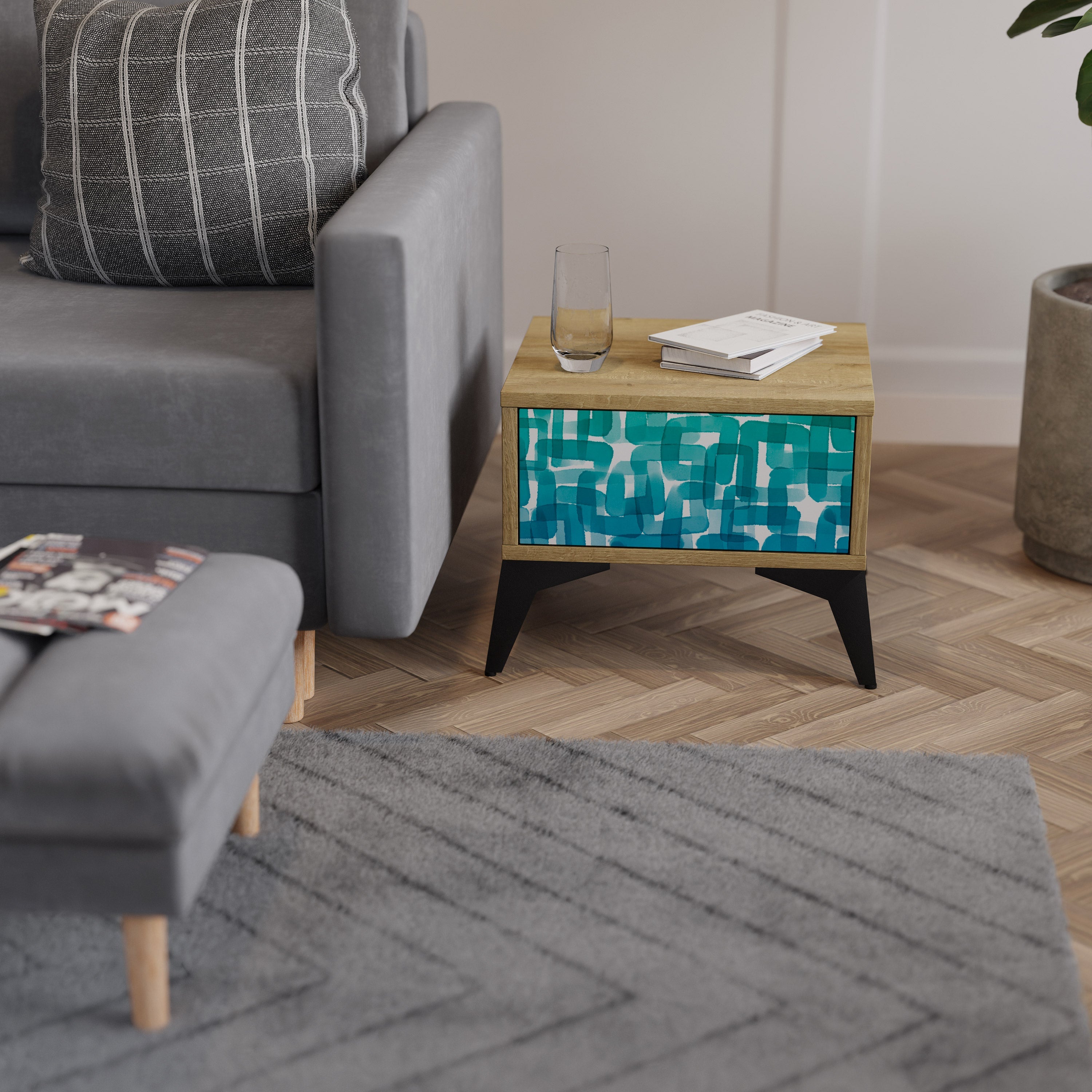 TURQUOISE RECTANGLES Nachttisch in Eichenoptik