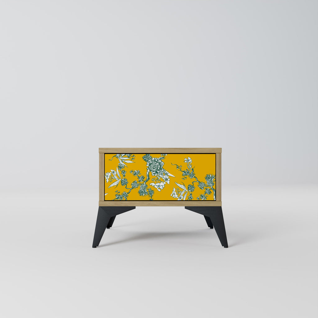 Gelber Chinoiserie-Nachttisch in Eichenoptik