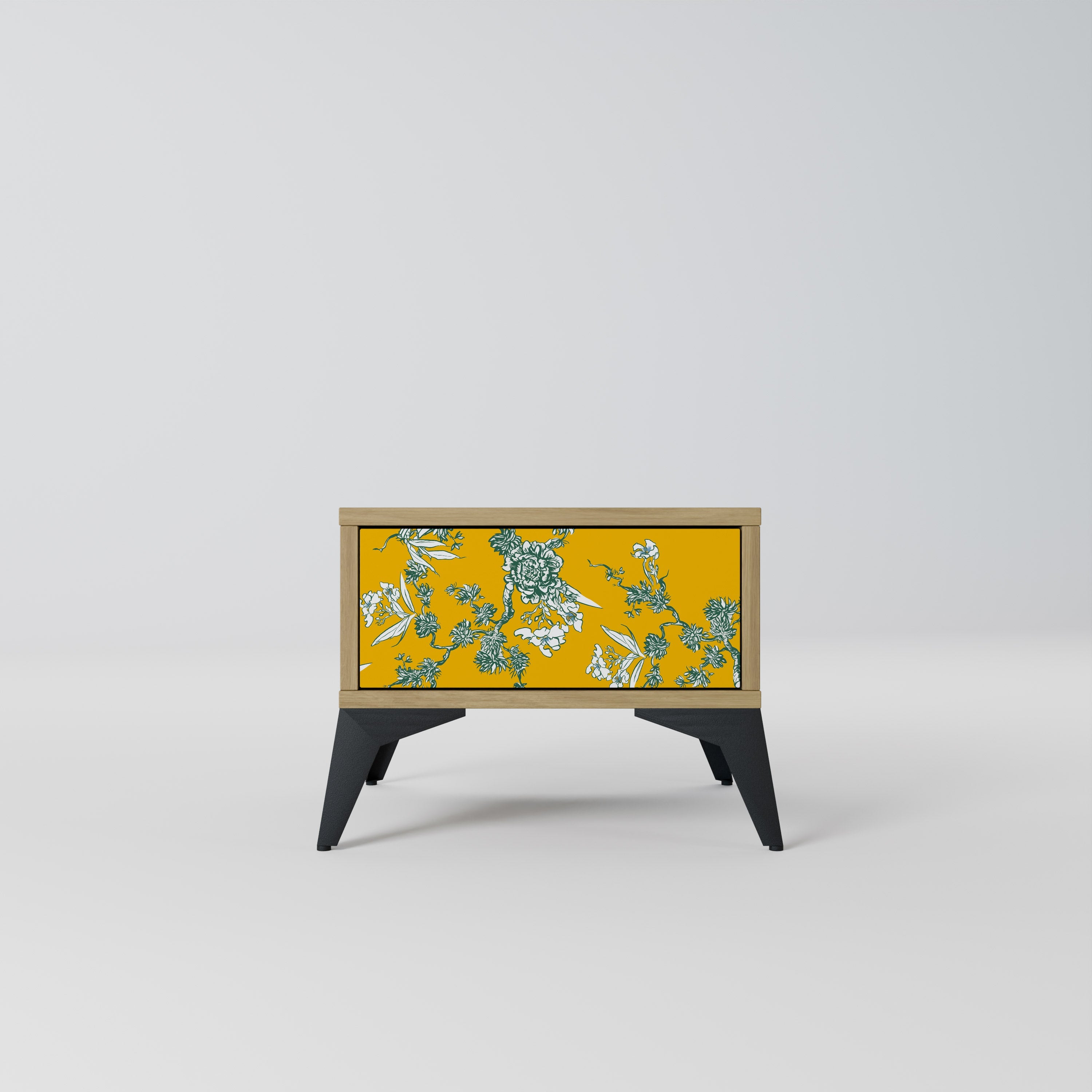 Gelber Chinoiserie-Nachttisch in Eichenoptik