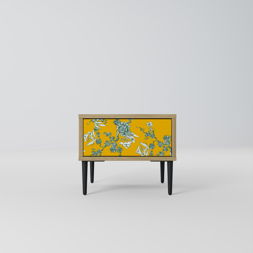 Gelber Chinoiserie-Nachttisch in Eichenoptik