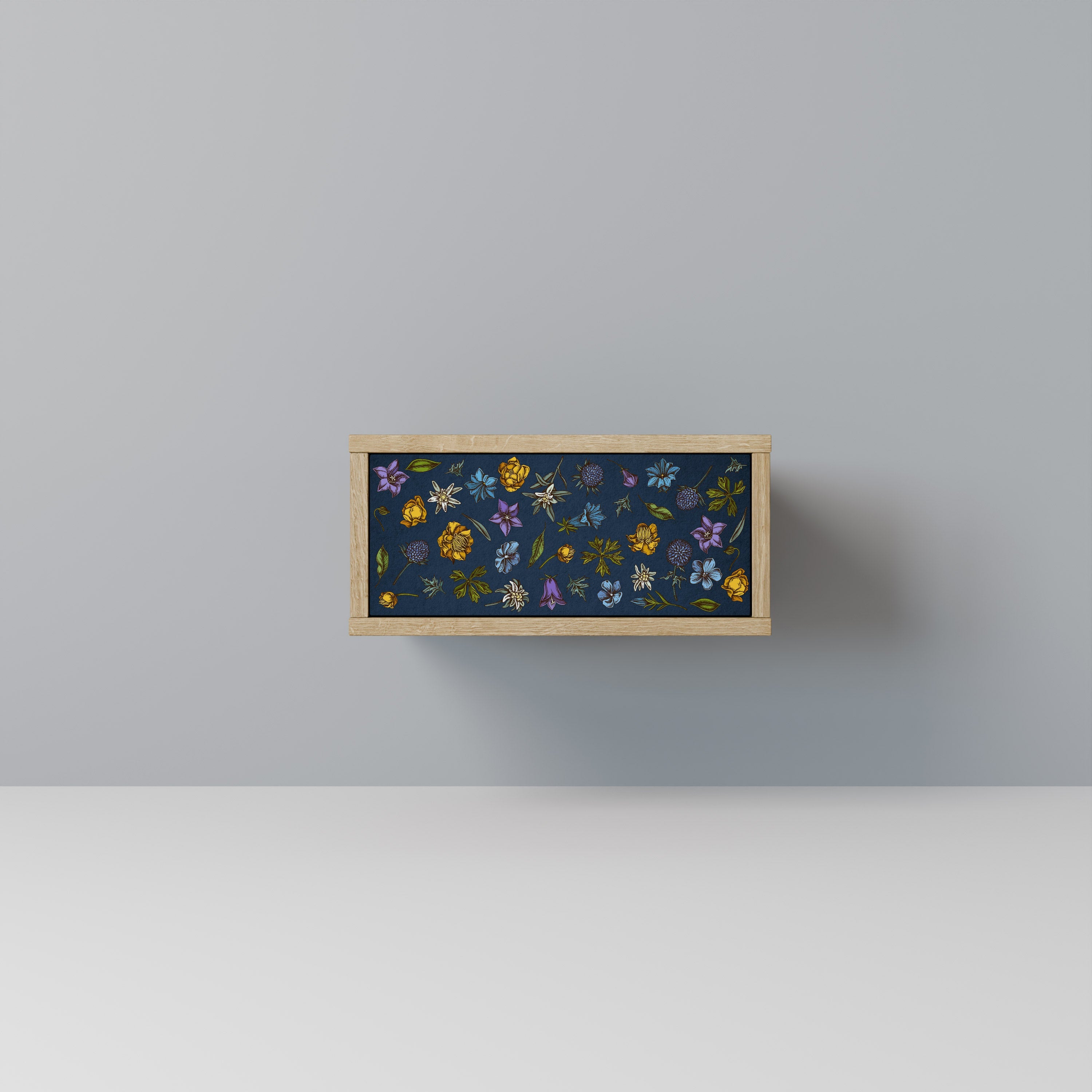 Nachttisch „FLOWERS ON NAVY BLUE“ in Eichenoptik