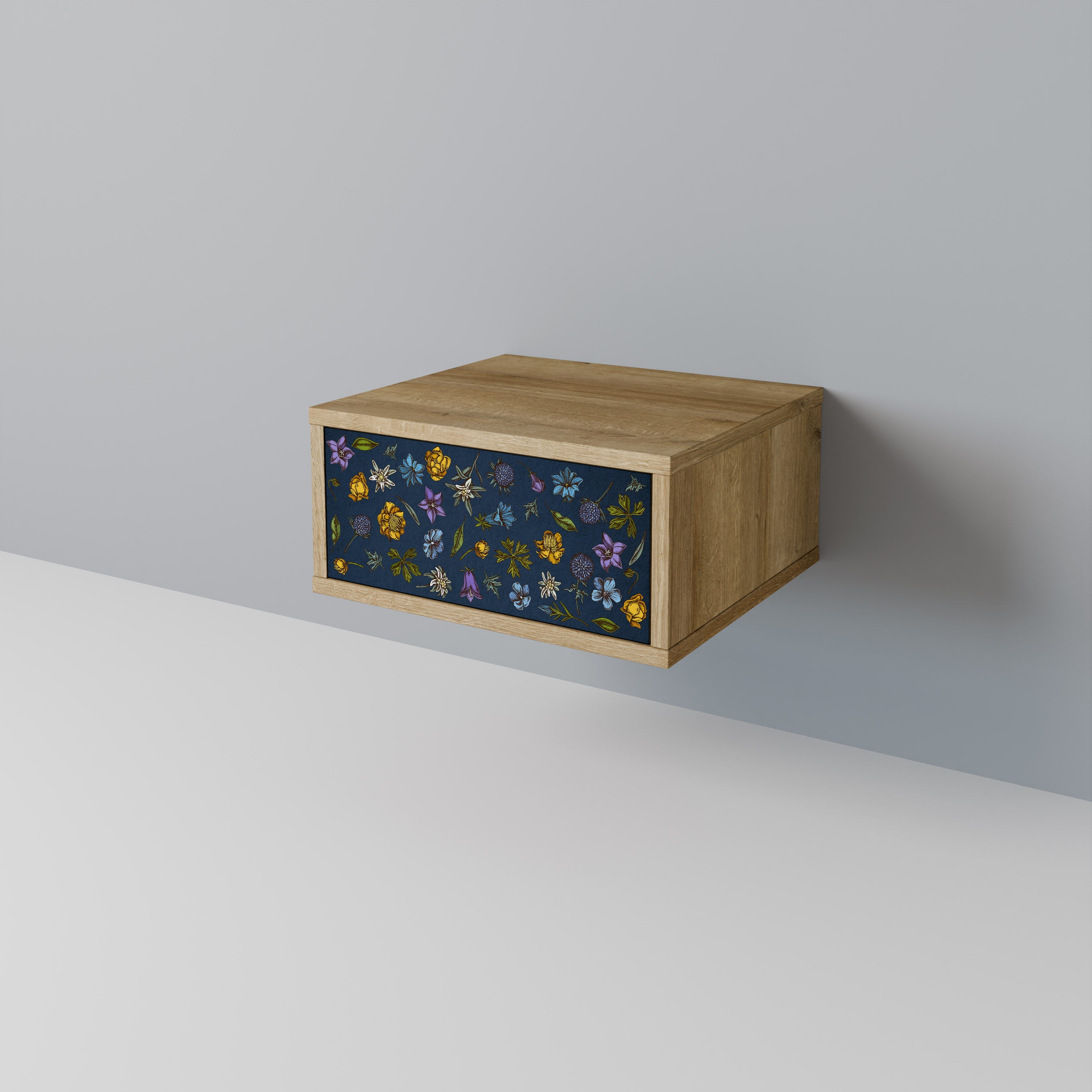Nachttisch „FLOWERS ON NAVY BLUE“ in Eichenoptik