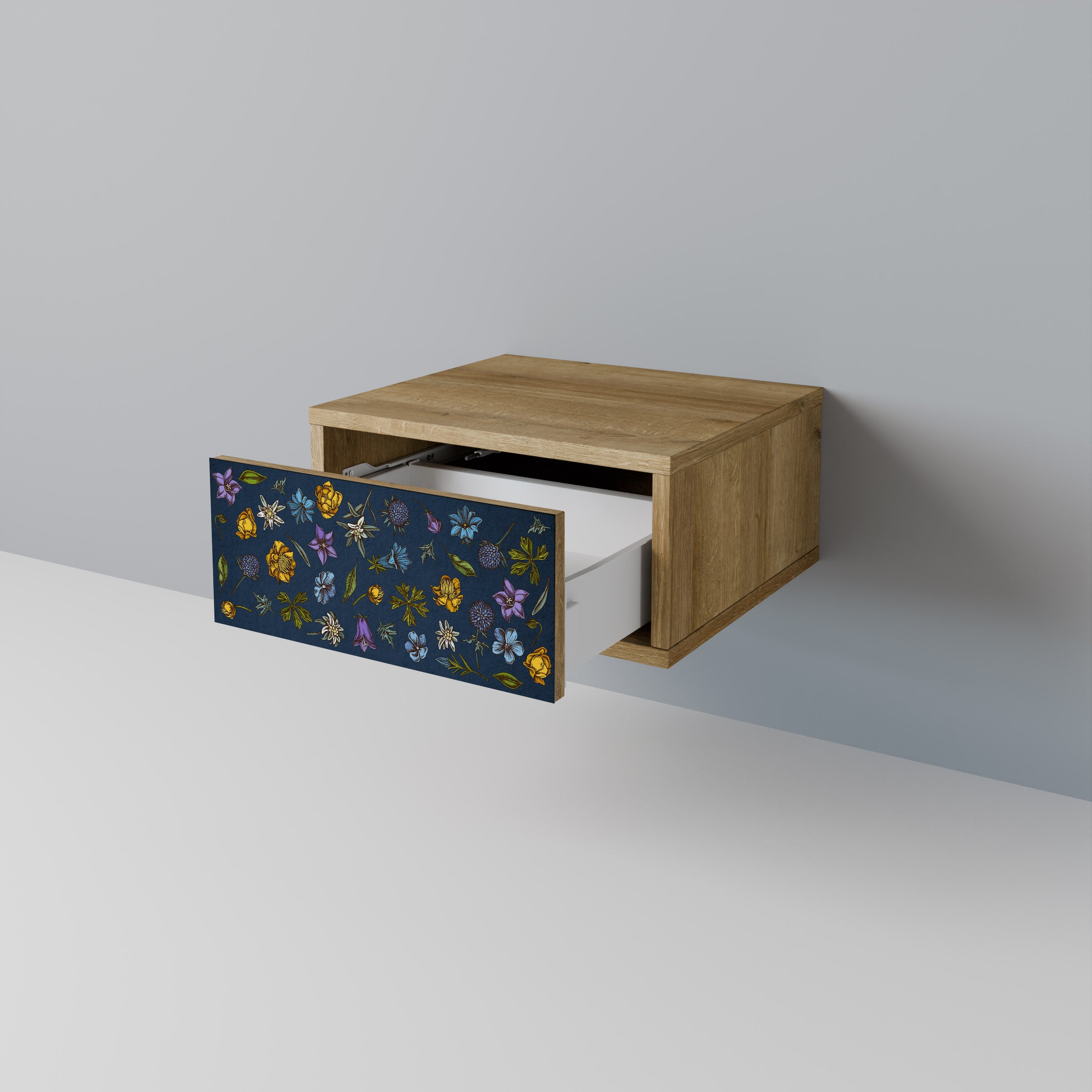 Nachttisch „FLOWERS ON NAVY BLUE“ in Eichenoptik