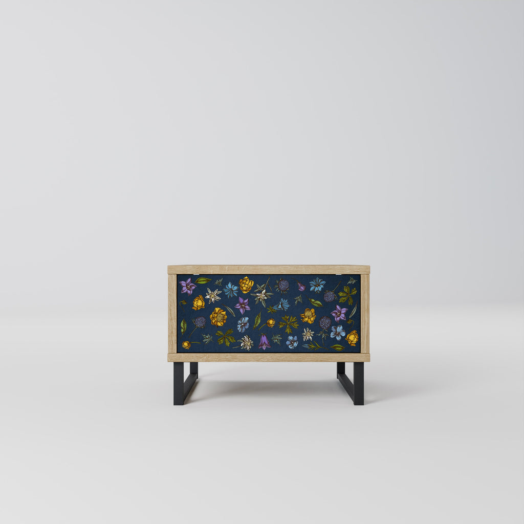 Nachttisch „FLOWERS ON NAVY BLUE“ in Eichenoptik
