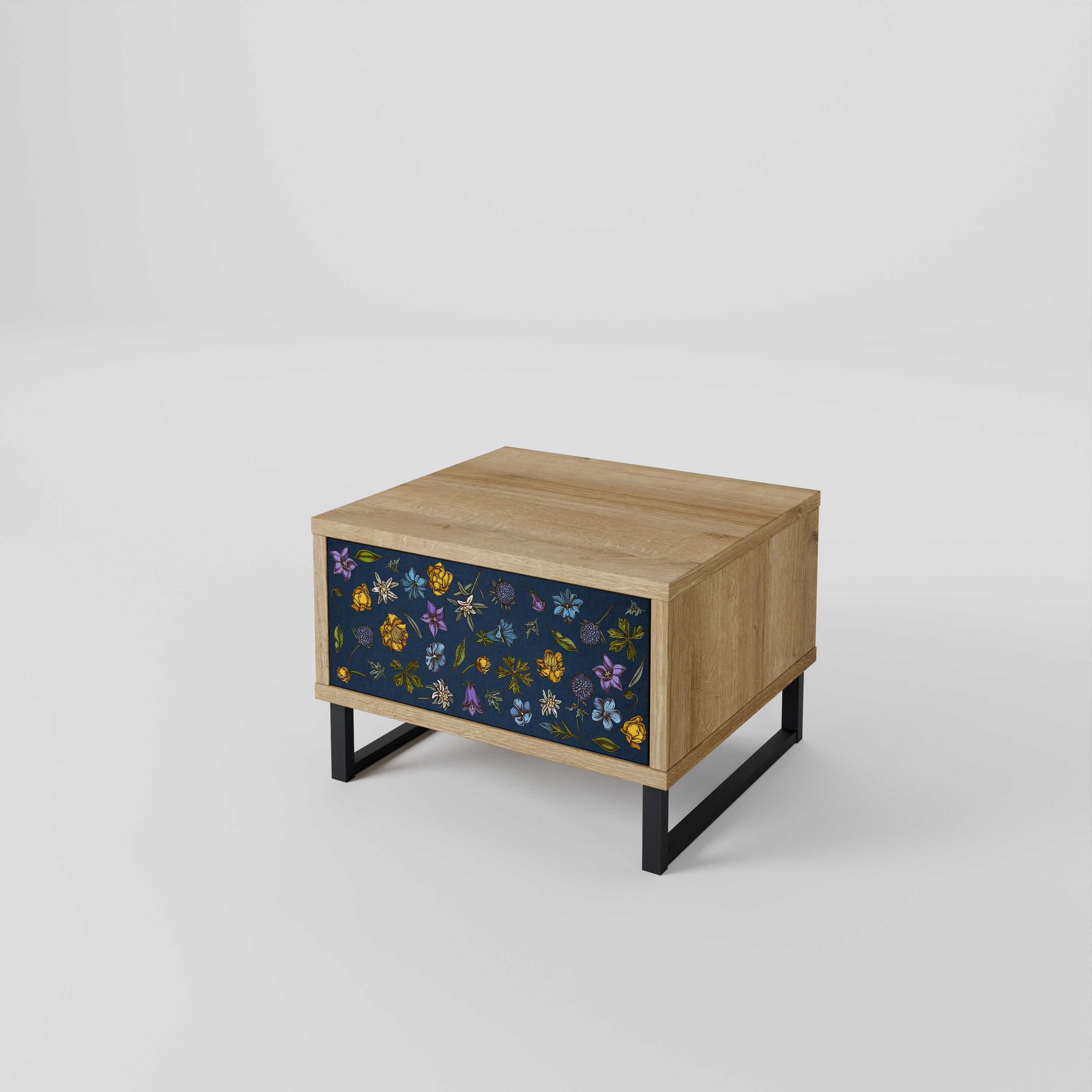 Nachttisch „FLOWERS ON NAVY BLUE“ in Eichenoptik