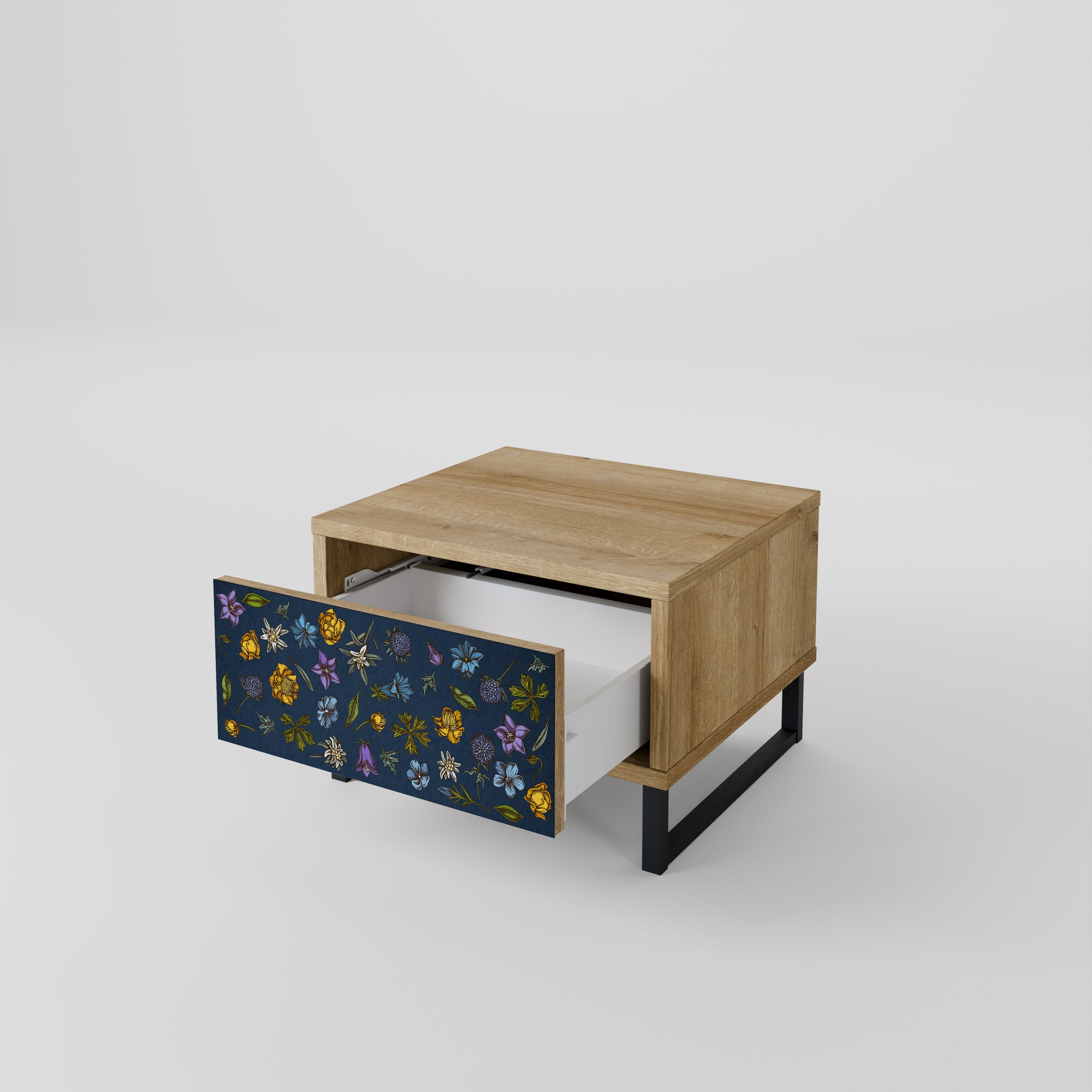 Nachttisch „FLOWERS ON NAVY BLUE“ in Eichenoptik