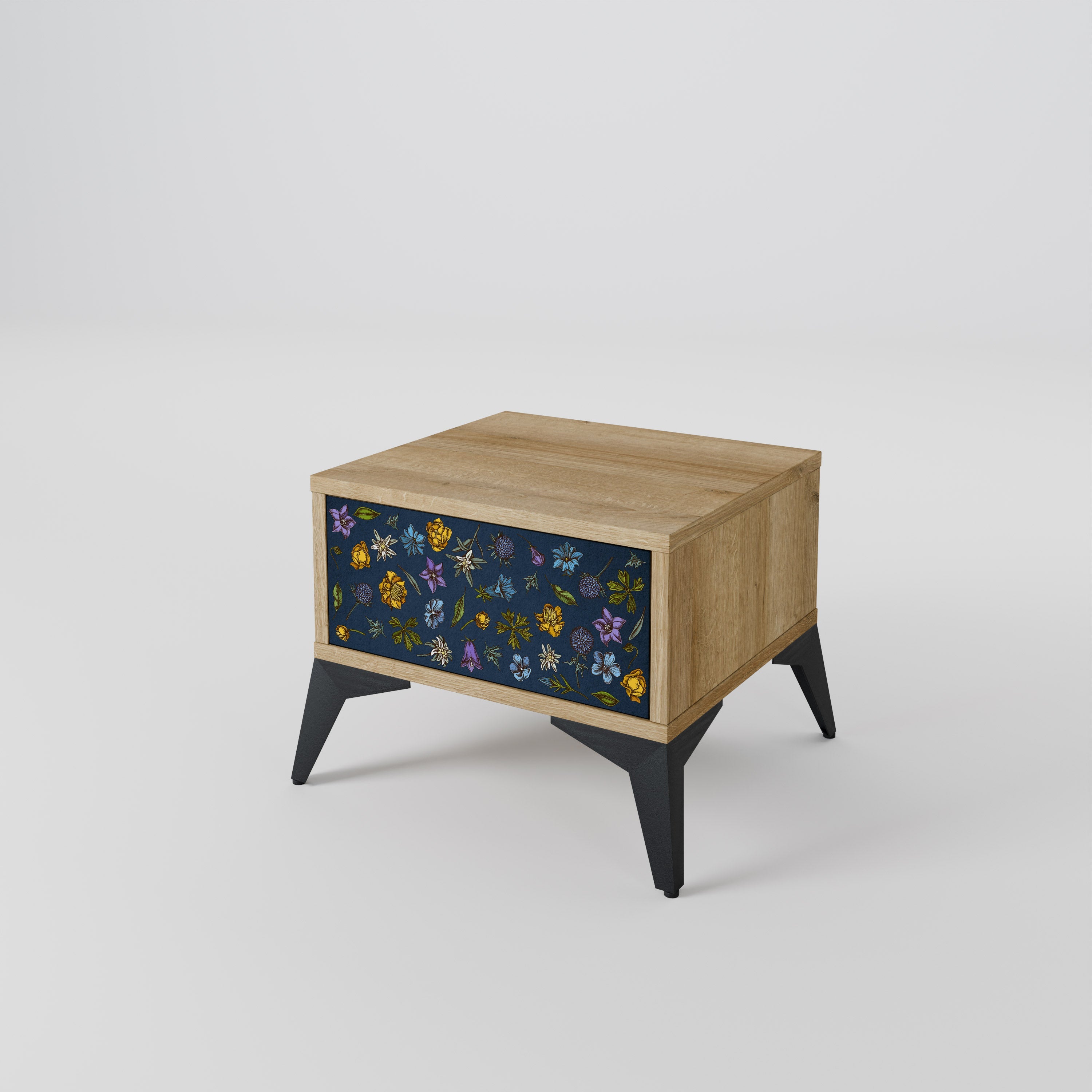 Nachttisch „FLOWERS ON NAVY BLUE“ in Eichenoptik
