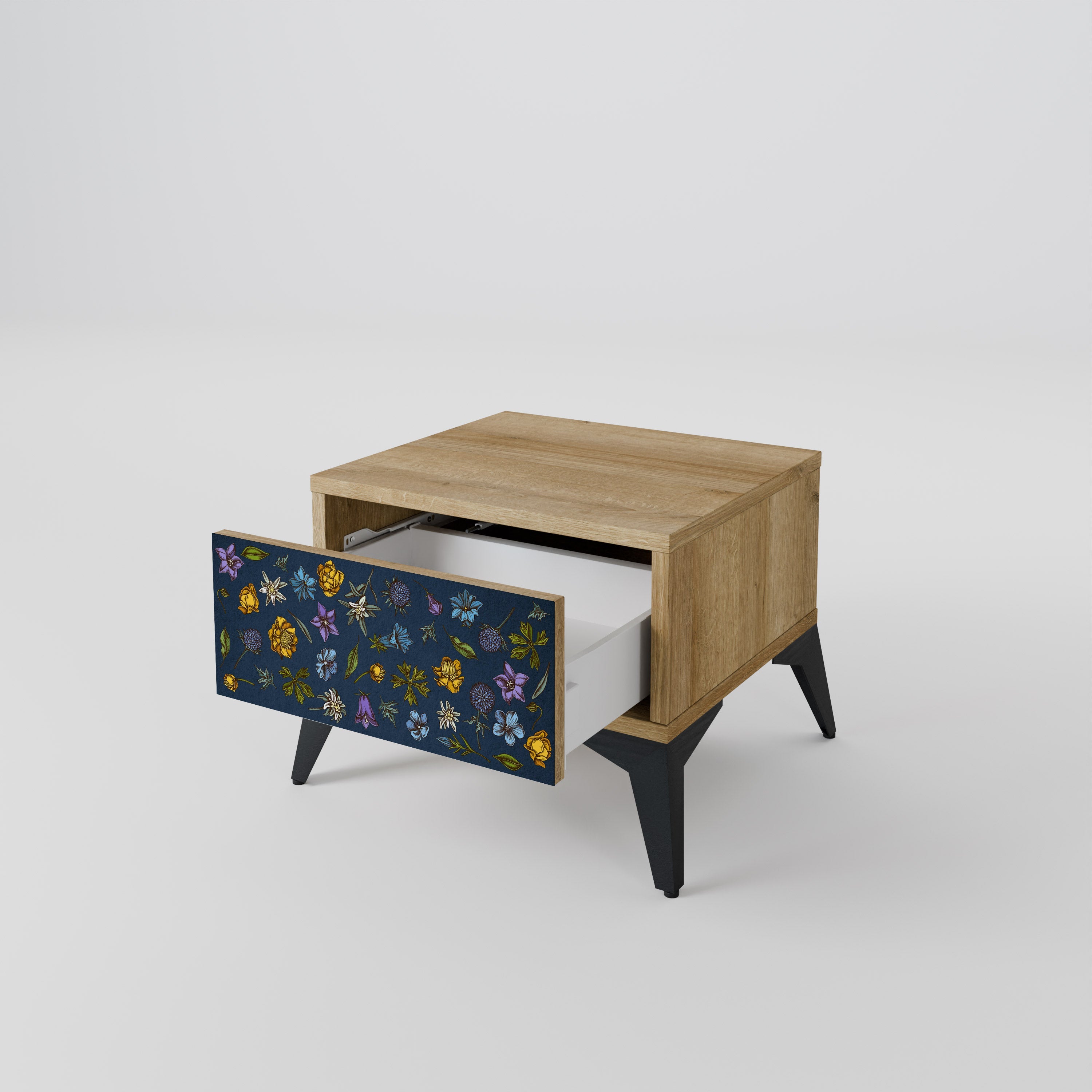 Nachttisch „FLOWERS ON NAVY BLUE“ in Eichenoptik