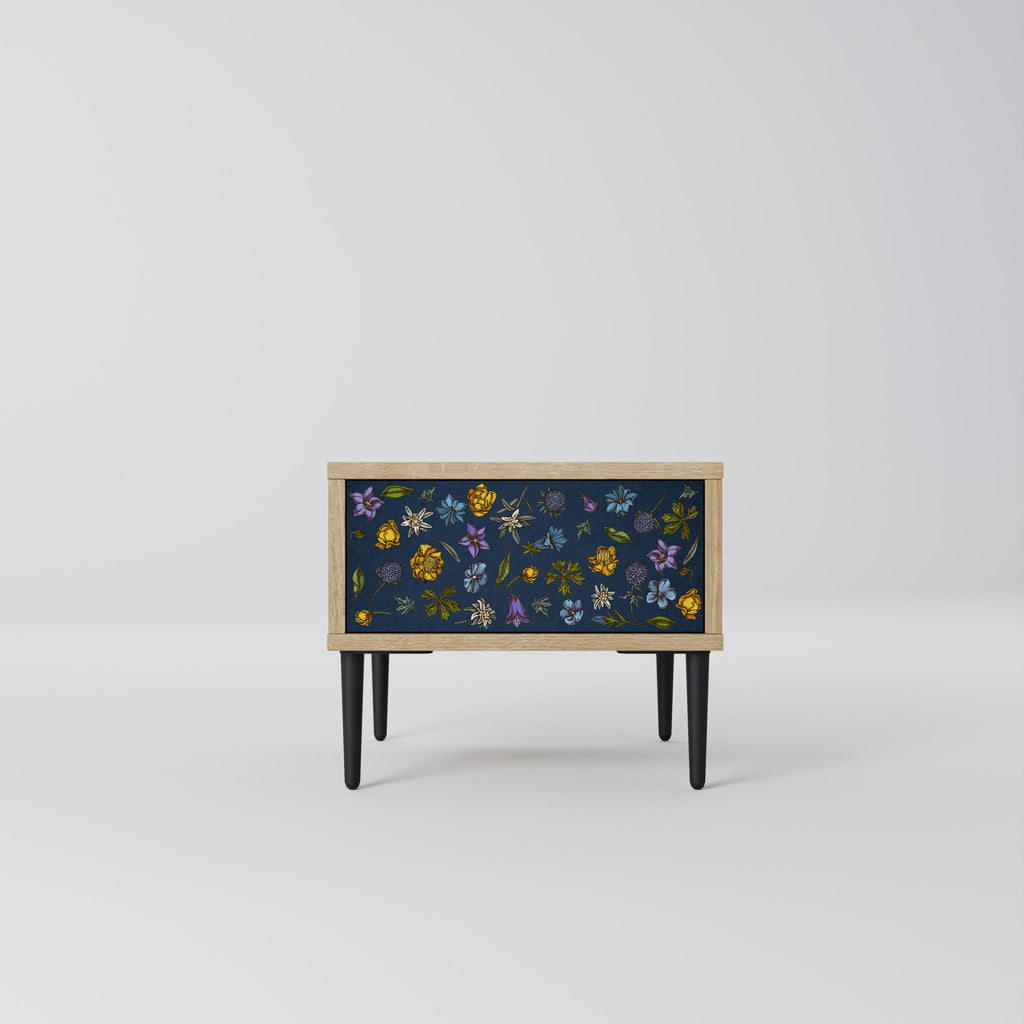 Nachttisch „FLOWERS ON NAVY BLUE“ in Eichenoptik