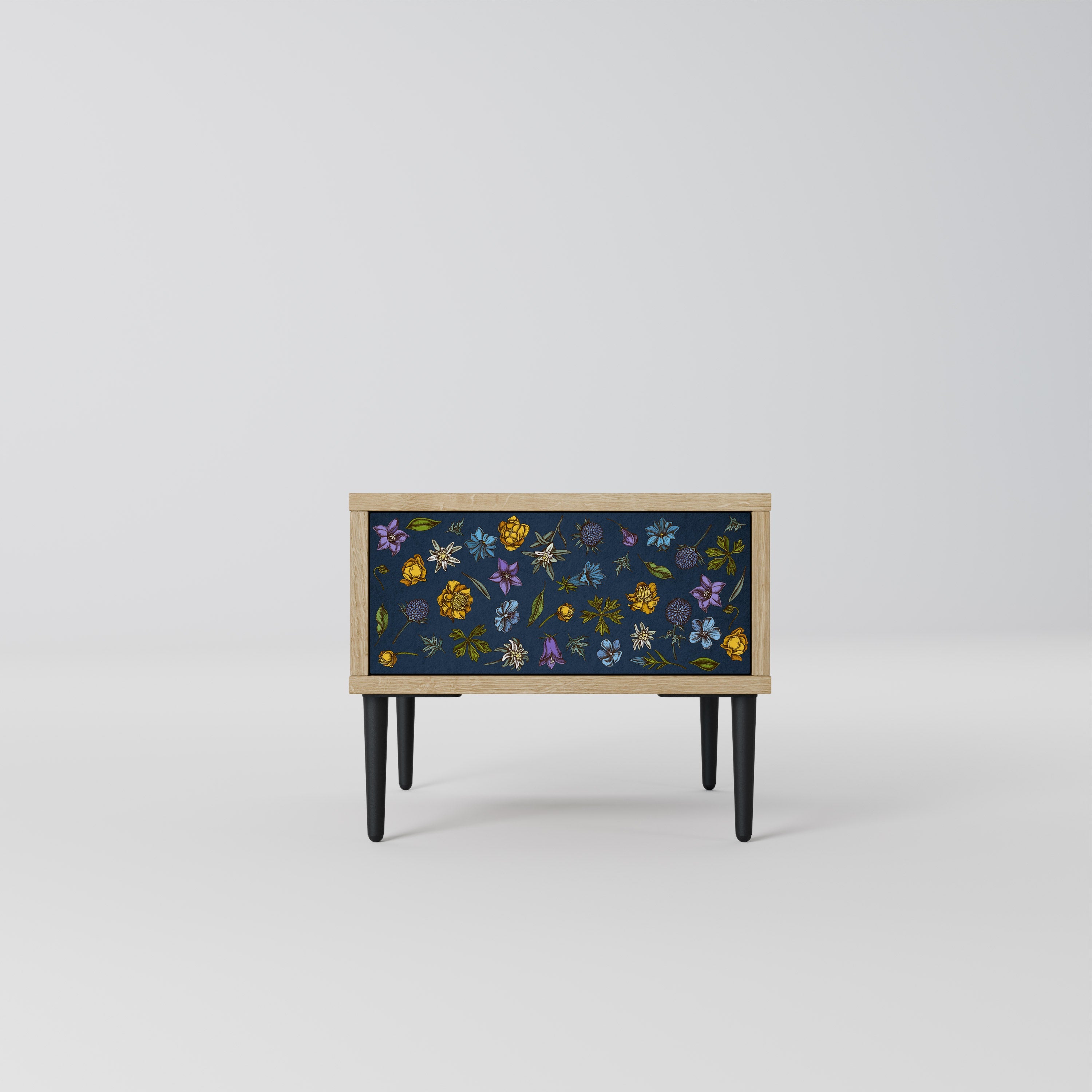 Nachttisch „FLOWERS ON NAVY BLUE“ in Eichenoptik