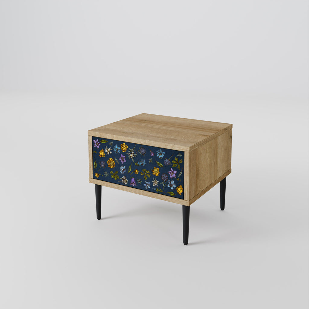 Nachttisch „FLOWERS ON NAVY BLUE“ in Eichenoptik