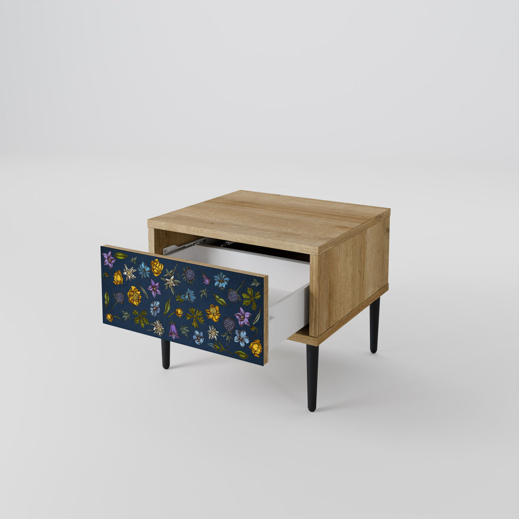Nachttisch „FLOWERS ON NAVY BLUE“ in Eichenoptik
