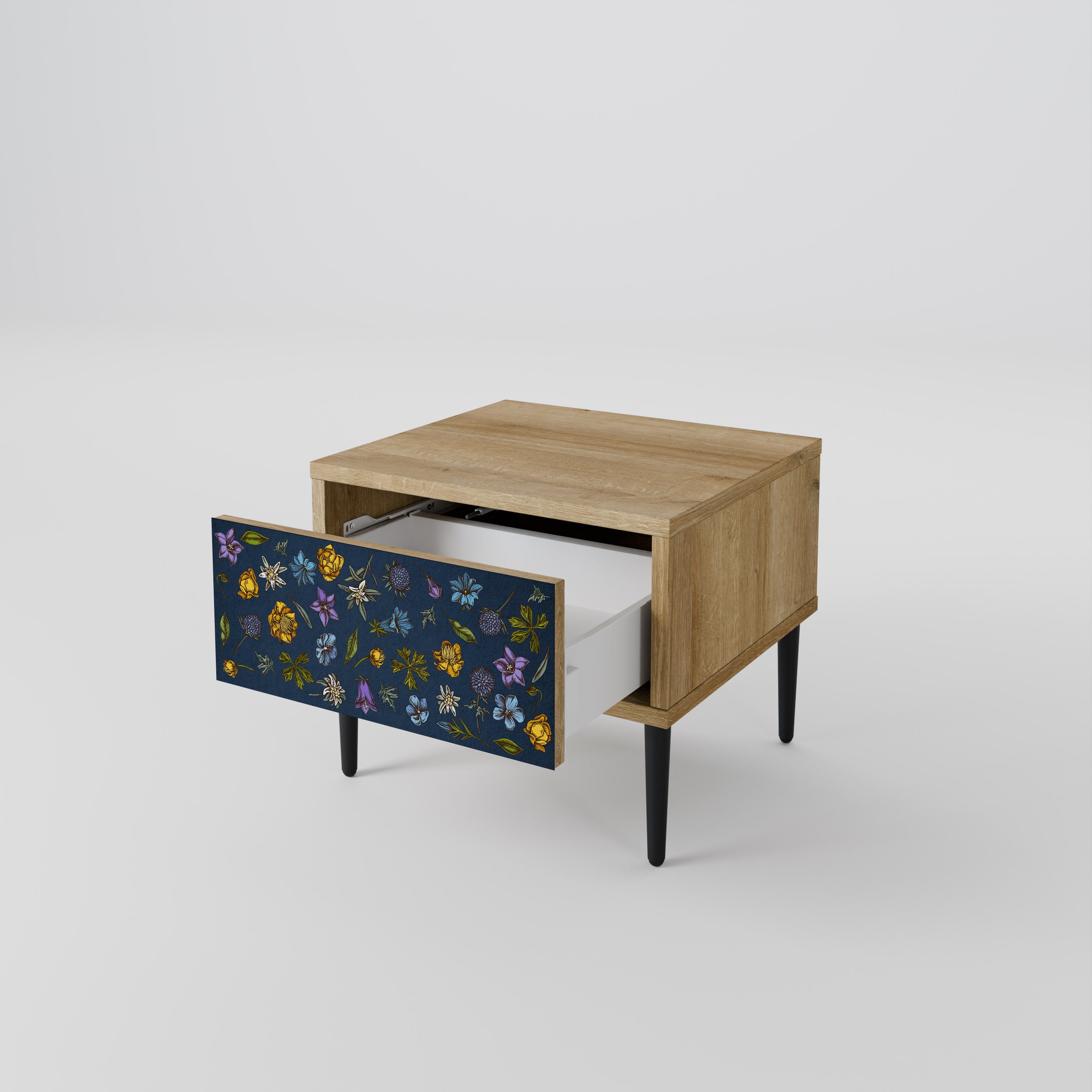 Nachttisch „FLOWERS ON NAVY BLUE“ in Eichenoptik